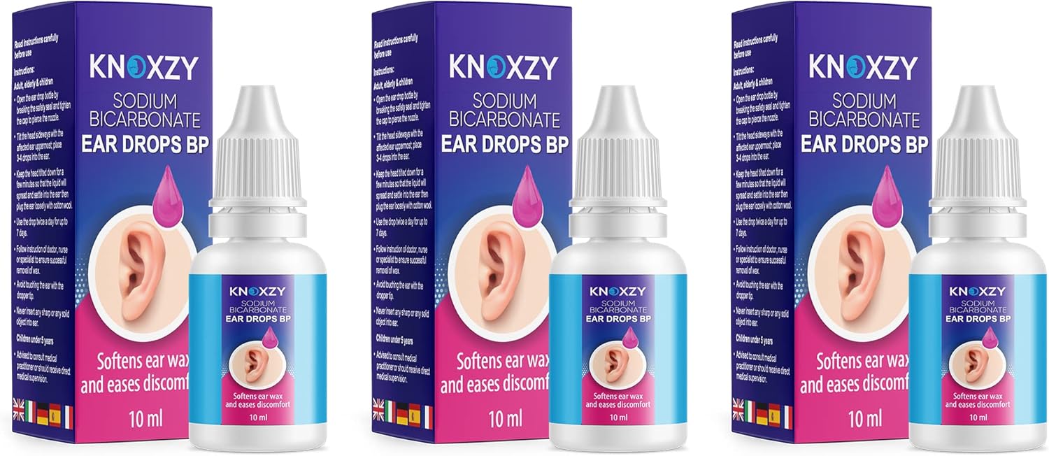 Knoxzy Sodium Bicarbonate Ear Wax Removal Drops, Clinically Tested Ear Drops, Ear Wax Softener for Clogged Ear Relief and Swimmer’s Ear - 10ml (Pack of 3).