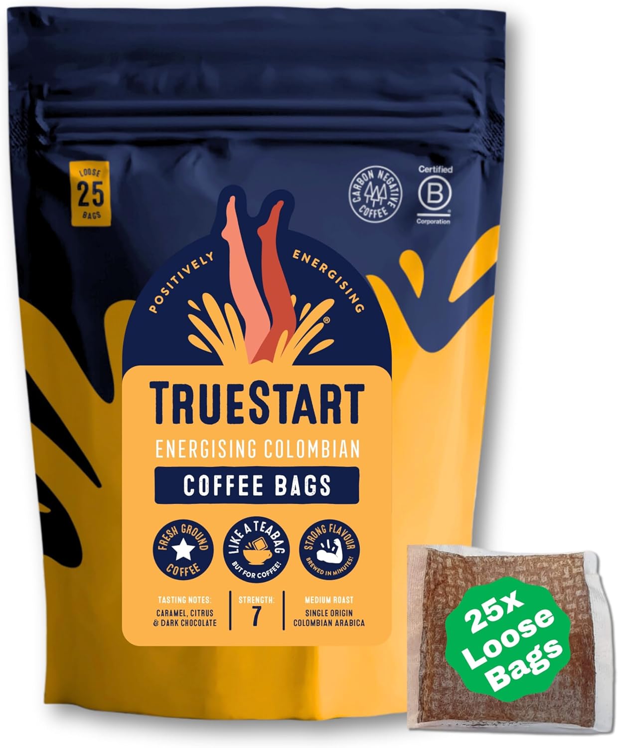 TrueStart Coffee Bags, Energising Colombian Arabica – 25 Loose Bags Mycotoxin-Free Coffee Rich in Antioxidants, Quick Brew, Individually Wrapped & Gluten Free, Resealable Pouch