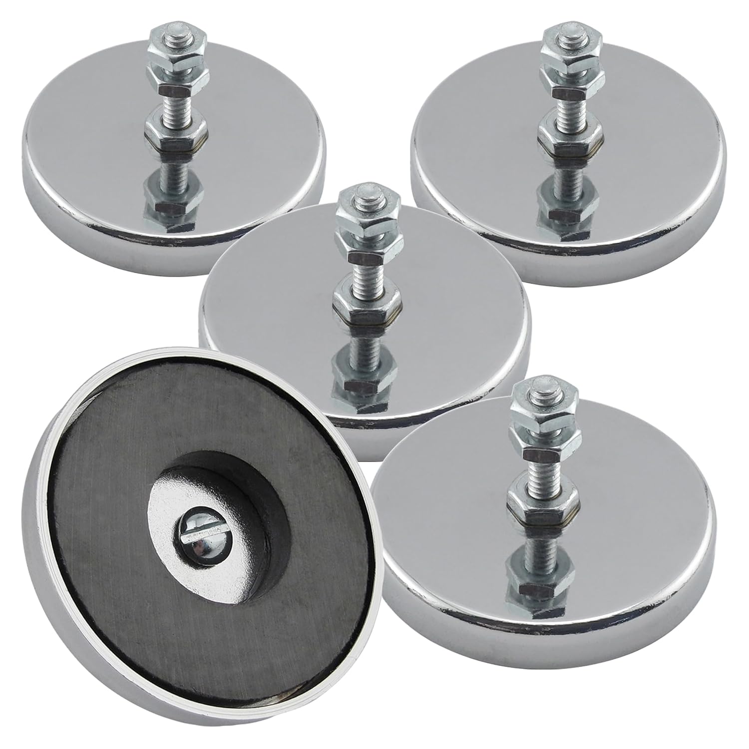 Master Magnetics Ceramic Round Base Magnet with Bolt and Nuts - 2.04" Diameter, 1.25" Height, 35 Pound Pull, Nickle Plated, Pack of 5, RB50B3NX5