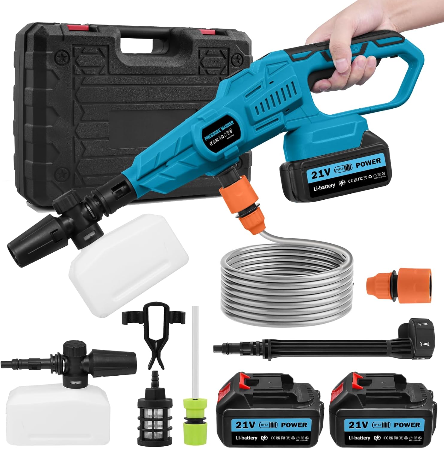 Power Washer High Power Washer Machine 120 Bar and Charger with 2 Batteries Portable Pressure Washer with 6 IN 1 Nozzle and 5m/16.5ft tube for Car, Watering Flowers, Cleaning Floors