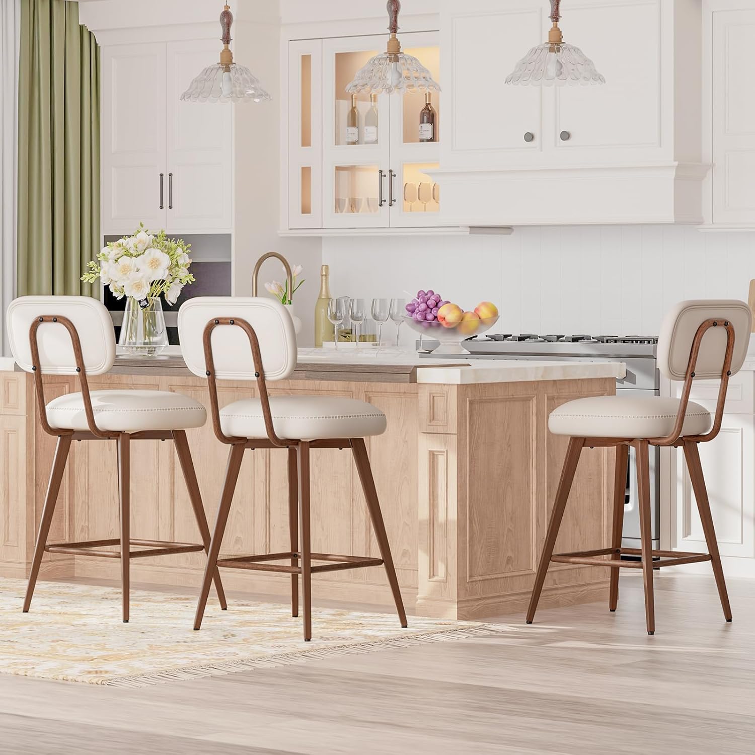 26“ PU Leather Swivel Bar Stools Set of 3, Mid Century Counter Height Bar Chairs with Low Back and Metal Legs, Modern Bar Stool Chair for Kitchen Island, Beige