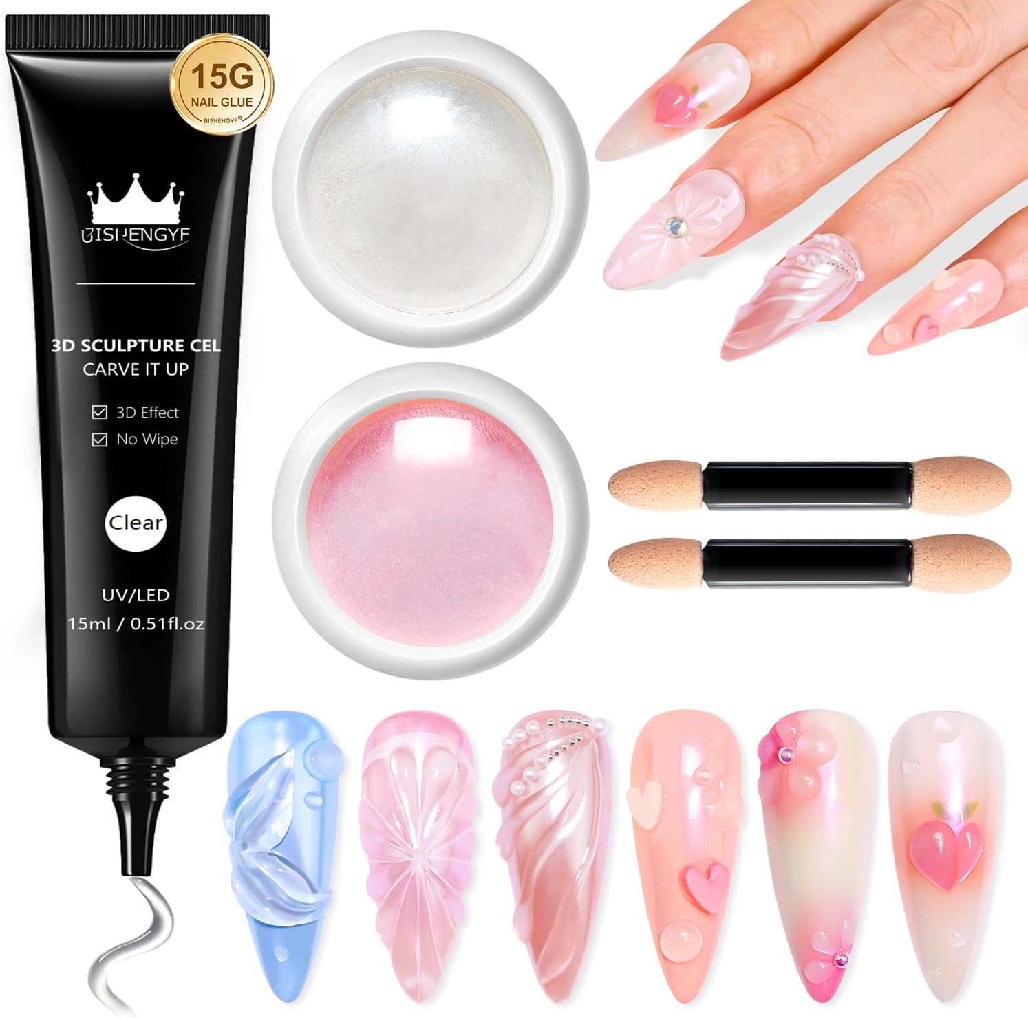 BISHENGYF Chrome Nail Powder With 3d Nail Gel Kit:15g No Wipe Clear 3d Sculpting Nail Gel,Moonlight Effect Glazed Donut Pearl Chrome Nail Powder for 5d Molding Nail Art Design Decoration(Pink)