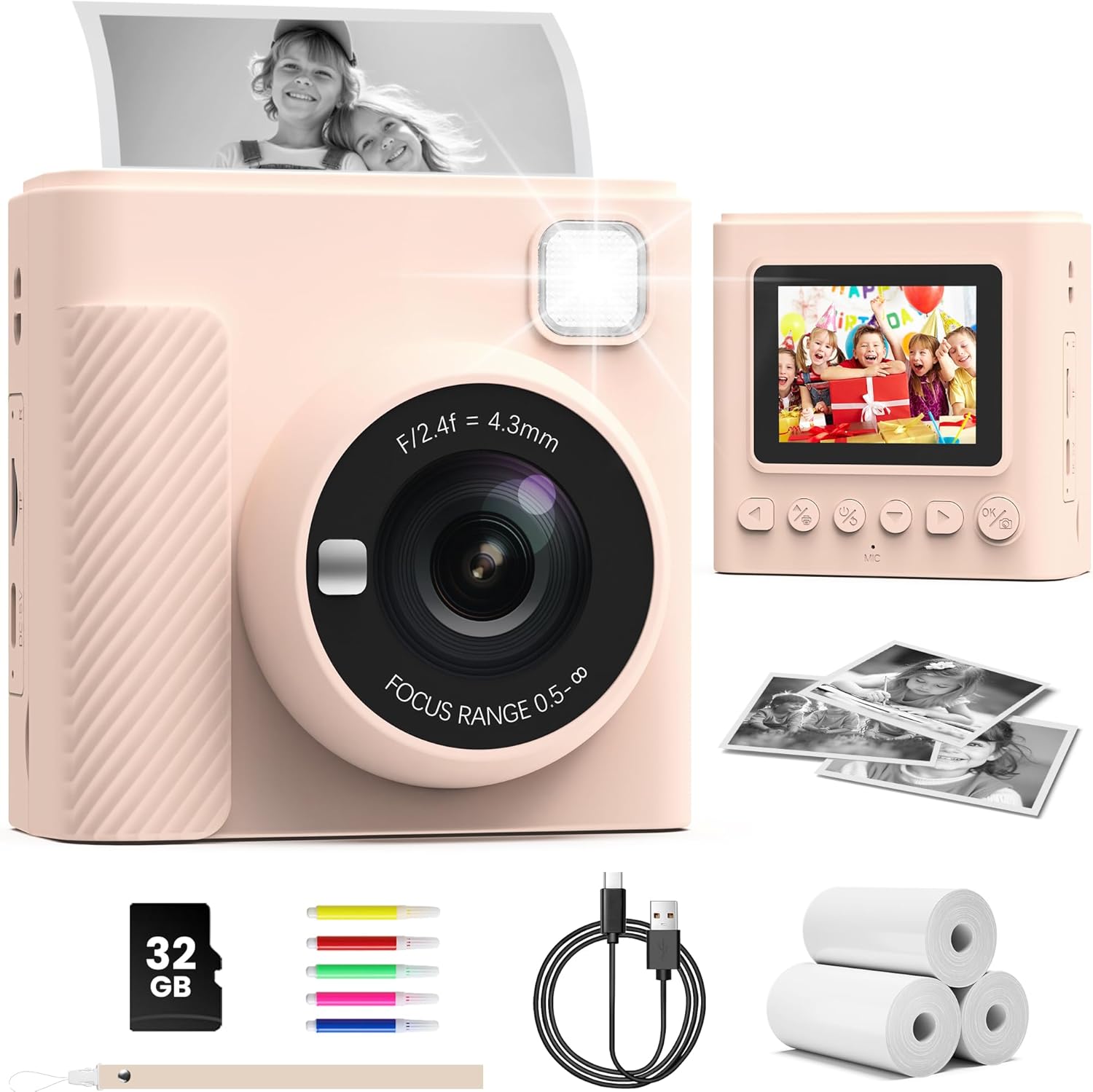 TIATUA Kids Camera Instant Print, 2.4'' Instant Camera for Kids with 32G Card & Print Photo Paper, 1080P Video Kids Digital Toy, Christmas Birthday Gifts for Boys Age 3-12 Years Old (Brown)