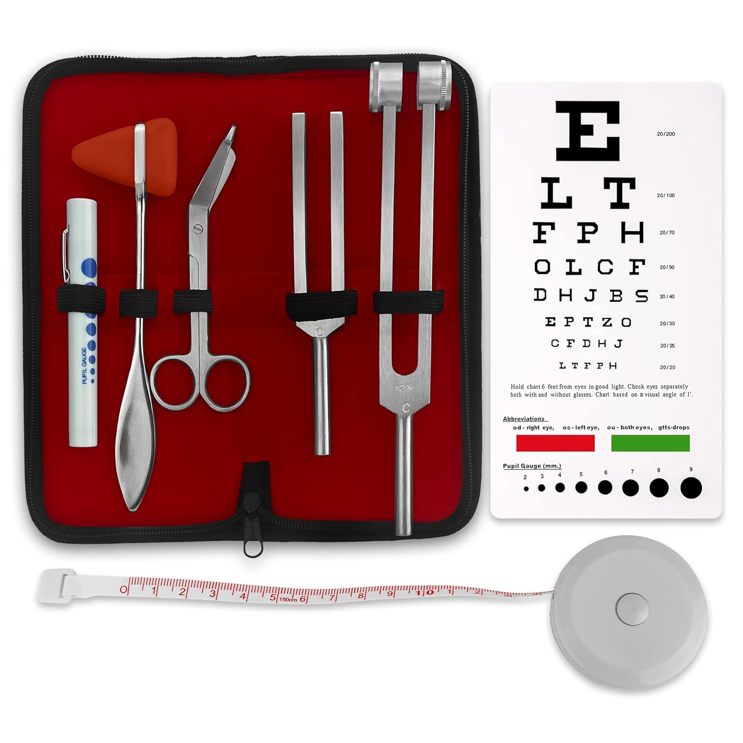 7pc Diagnostic Percussion Set - Comprehensive Kit for Accurate Reflex Testing and Examinations, Includes Tuning Fork, Hammers, Pinwheel, Pupil Gauge Penlight, and EMT Scissors