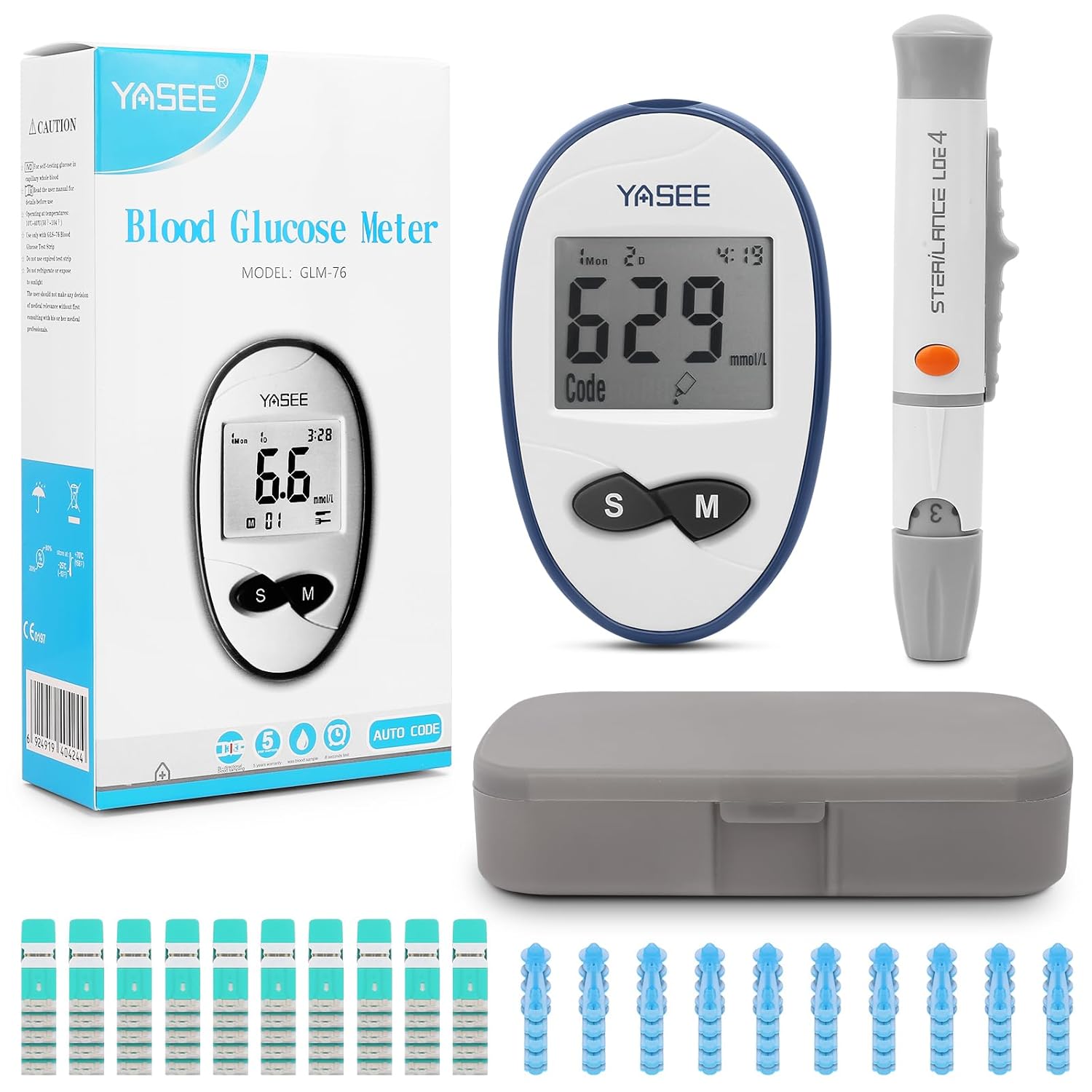 Venoka Blood Glucose Monitor Kit, 50 Test Strips, 50 Lancets, Auto Coding, 180 Test Memory, Carrying Case, Painless Lancing Device, Blood Sugar Testing for Diabetes, mmol/L