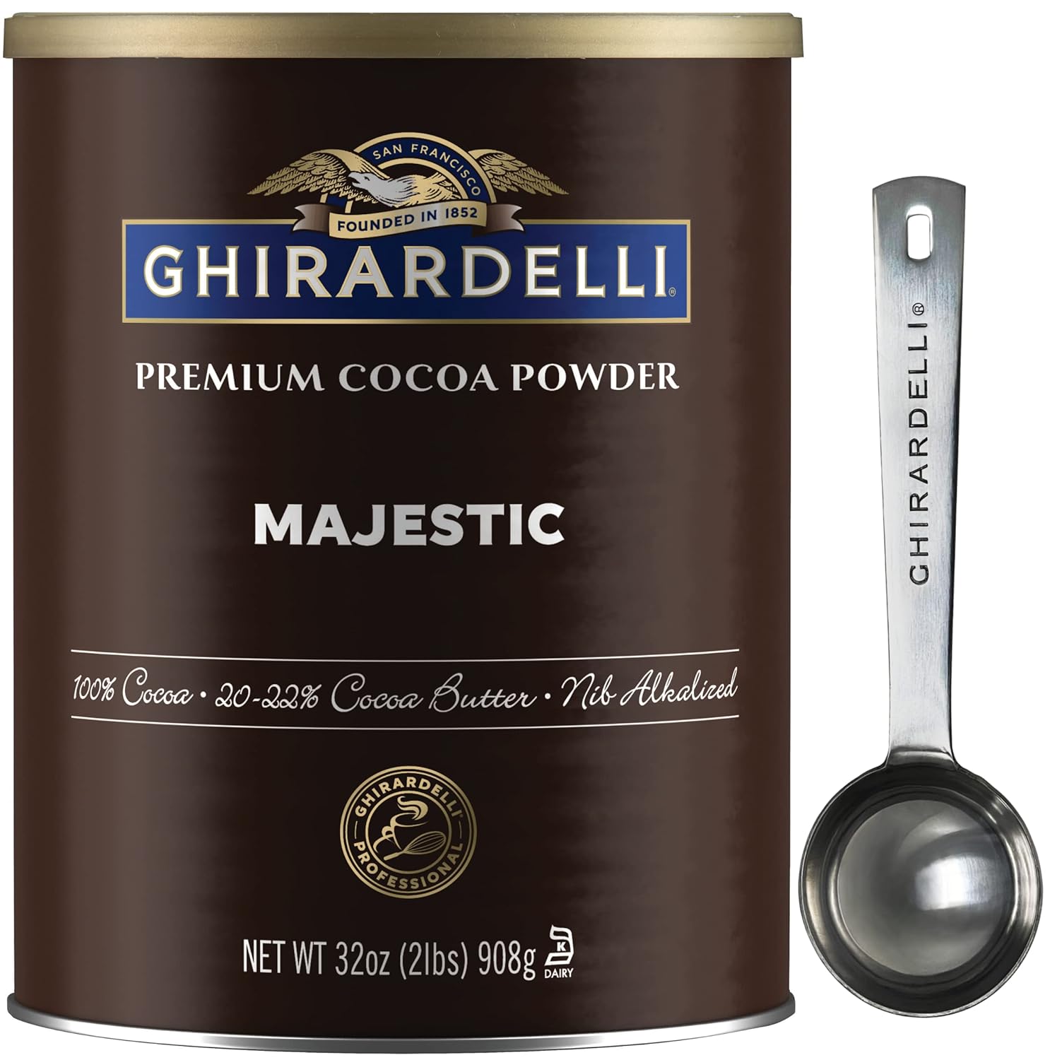 Ghirardelli Majestic Premium Cocoa Powder, 2 Pound Can with Ghirardelli Stamped Barista Spoon
