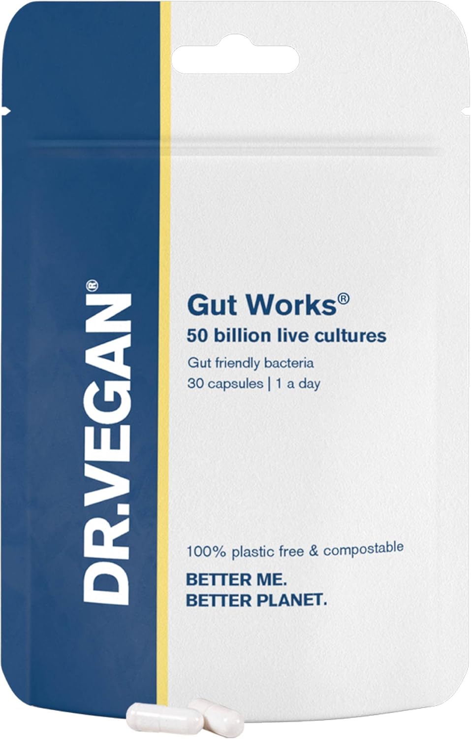 Gut Works® | 6 Prebiotics and Probiotic Strains | 50 Billion CFU Bacteria Live Cultures | Daily Support for Gut Health | 30 Vegan Capsules | One-A-Day | DR.Vegan