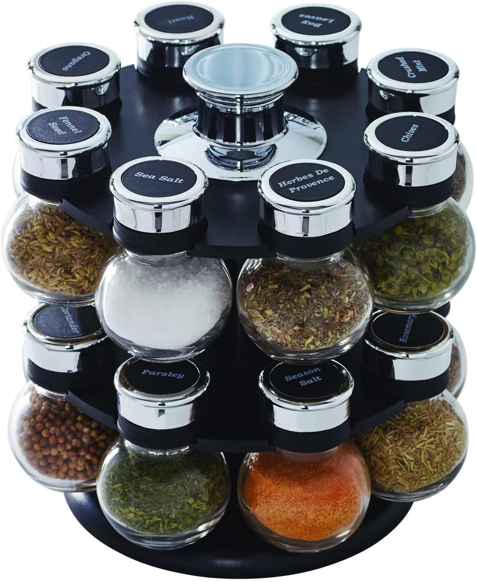 Kamenstein 16 Jar Ellington Revolving Countertop Spice Rack with Lift & Pour Caps and Spices Included, FREE Spice Refills for 5 Years: Black and Chrome