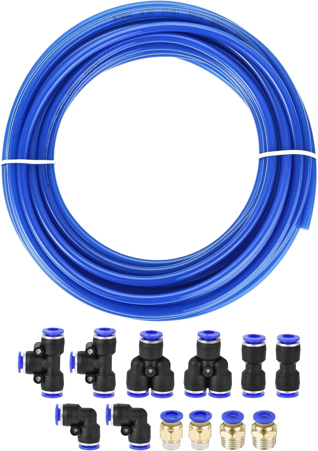 sourcing map Pneumatic 6mm OD Polyurethane PU Air Hose Tubing Kit 10 Meters Blue with 12 Pcs Push to Connect Fittings