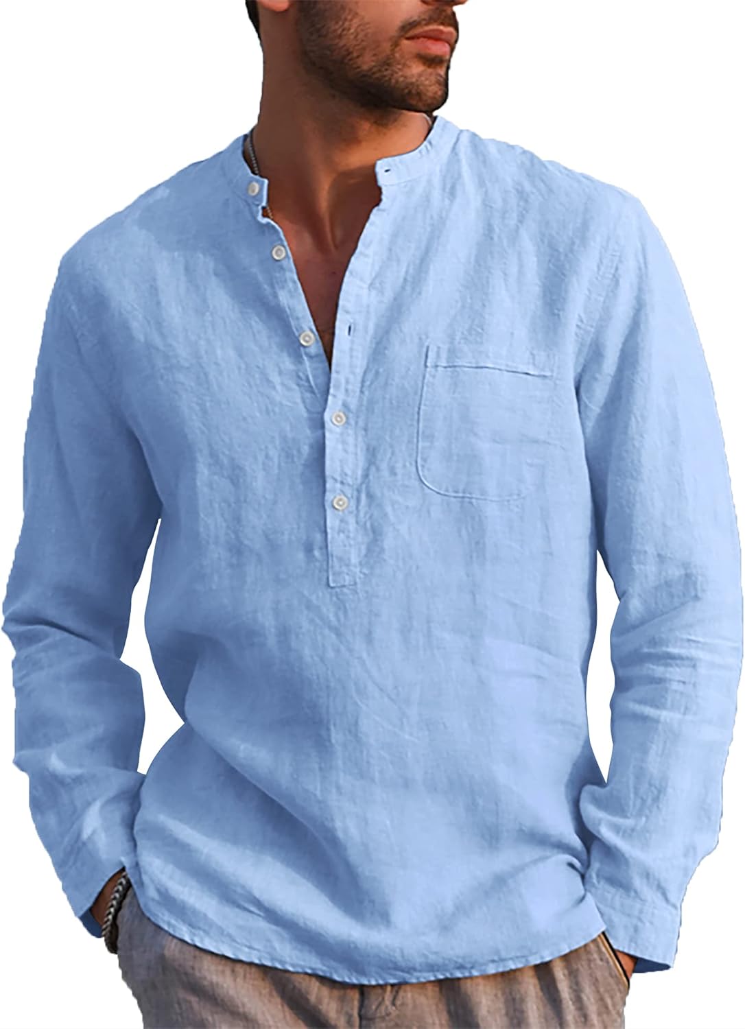 LVCBL Mens Casual Cotton Shirt Long Sleeve Band Collar Henley Shirt Tops