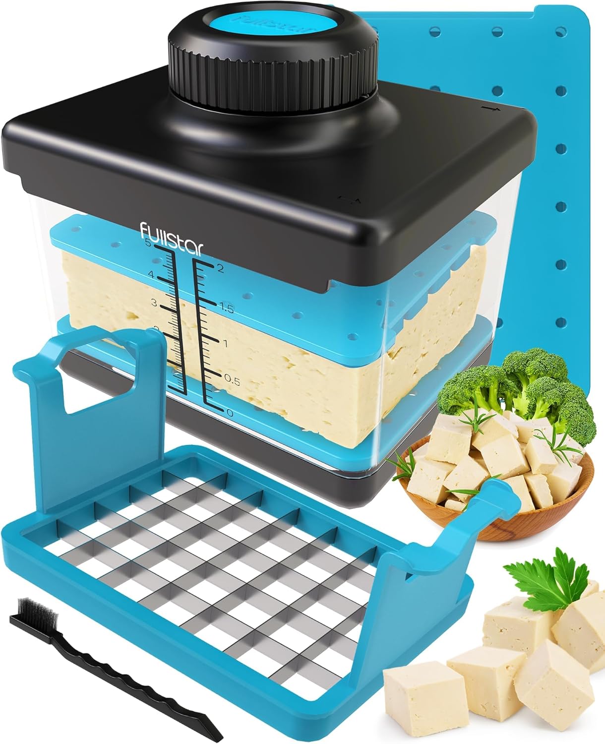 Fullstar 2-in-1 Tofu Press & Cutter, Dishwasher Safe, BPA-Free, Press Box for Extra Firm & Silken Tofu (Blue)