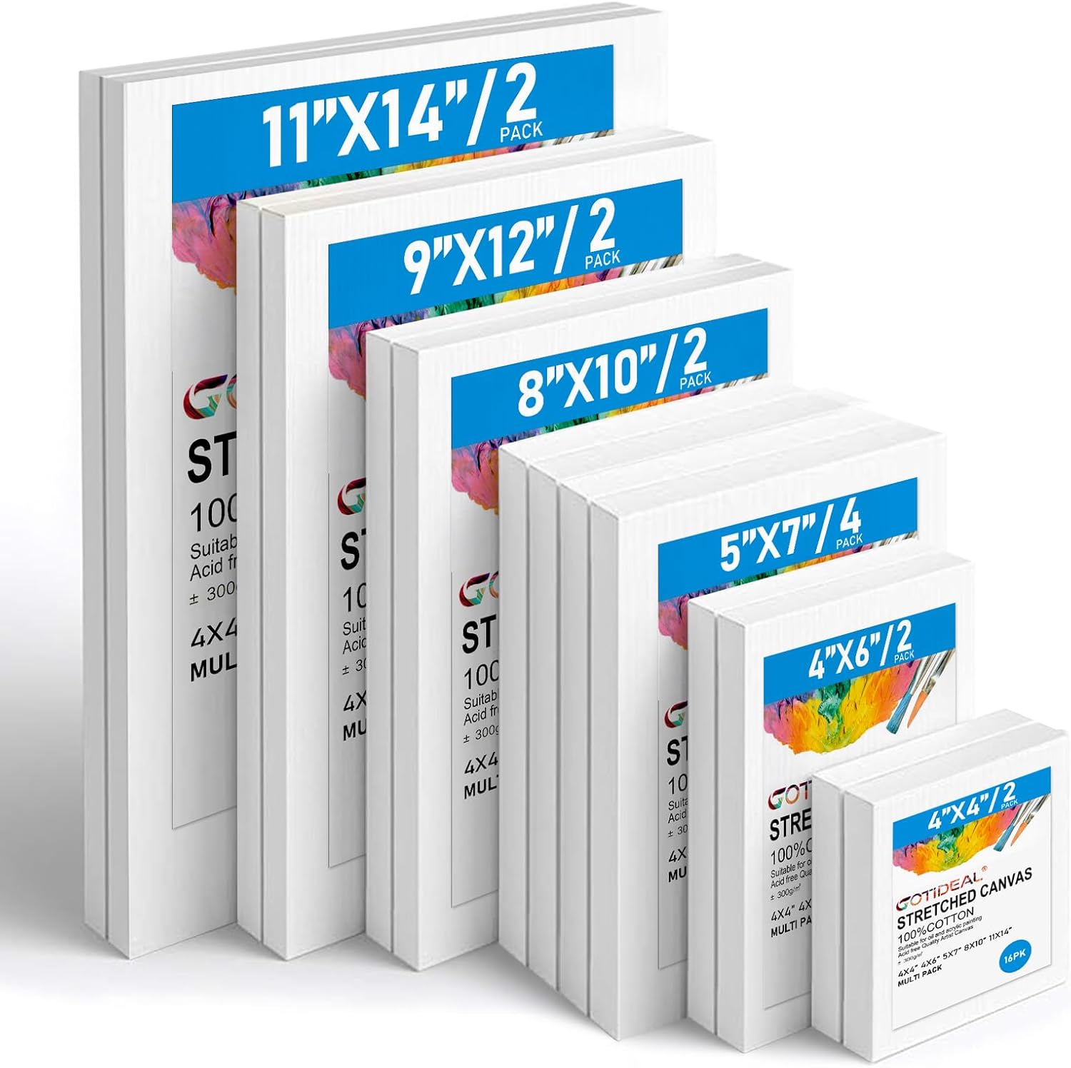 Gotideal Canvas for Painting, 14 Pcs Muti Pack Stretched Painting Canvas, Blank Paint Canvas for Acrylic, Oil, Art Supplies for Artists, Adults 4x4,4x6, 5x7, 8x10,9x12, 11x14 Set of 14