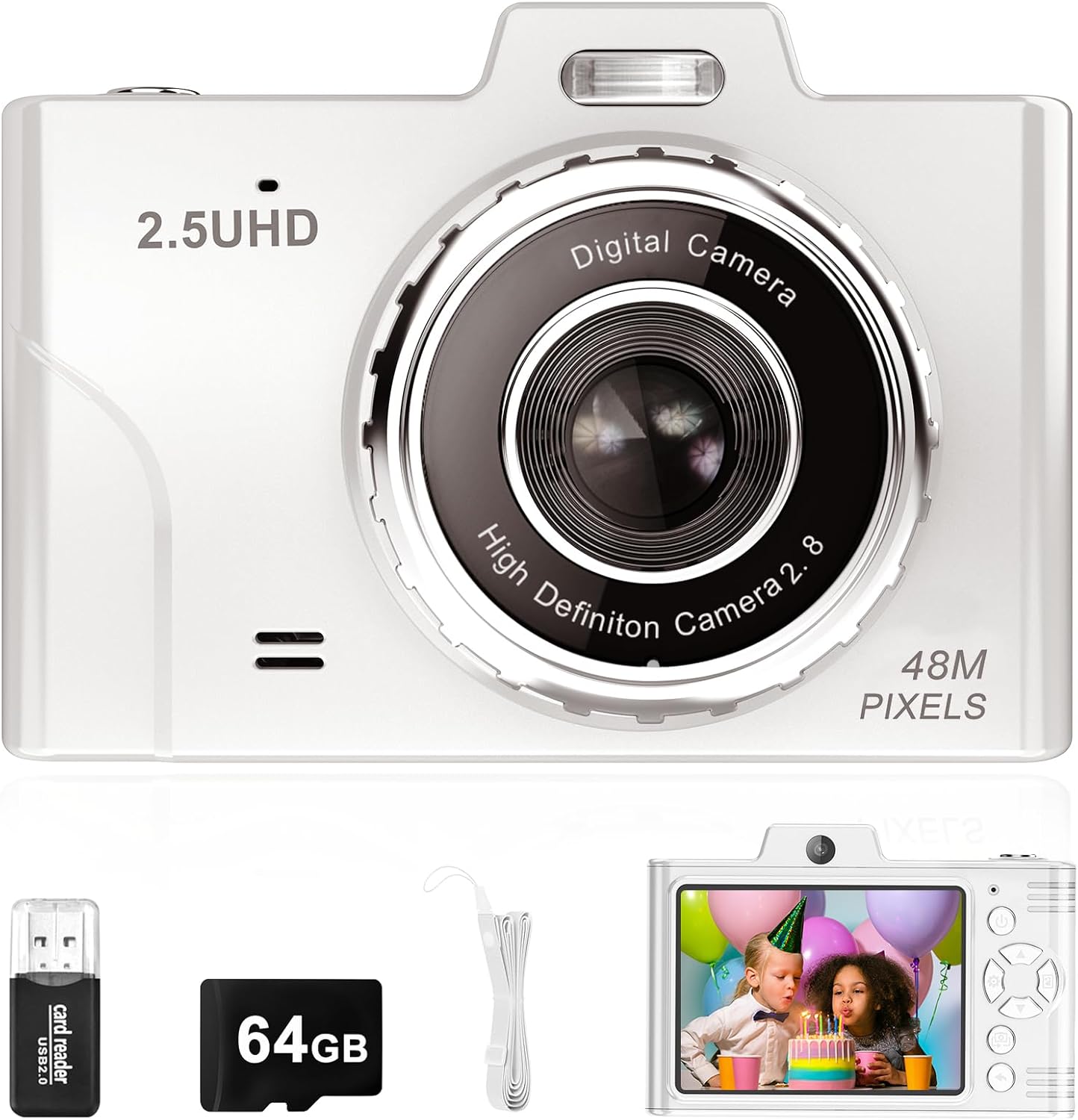 Digital Camera, 48MP 1080P FHD Camera with 64GB Card, 8X Digital Zoom Point and Shoot Digital Camera Compact Small Camera Gifts for Teens Students Children Kids Boys Girls