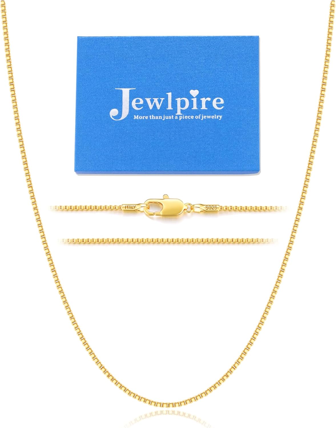 Jewlpire Italian Soild 22K Real Gold Over 925 Sterling Silver Chain Necklace for Women, 1.3mm Hypoallergenic Box Chain Thin & Sturdy Women's Chain Necklaces 14/16/18/20/22/24/26 Inch