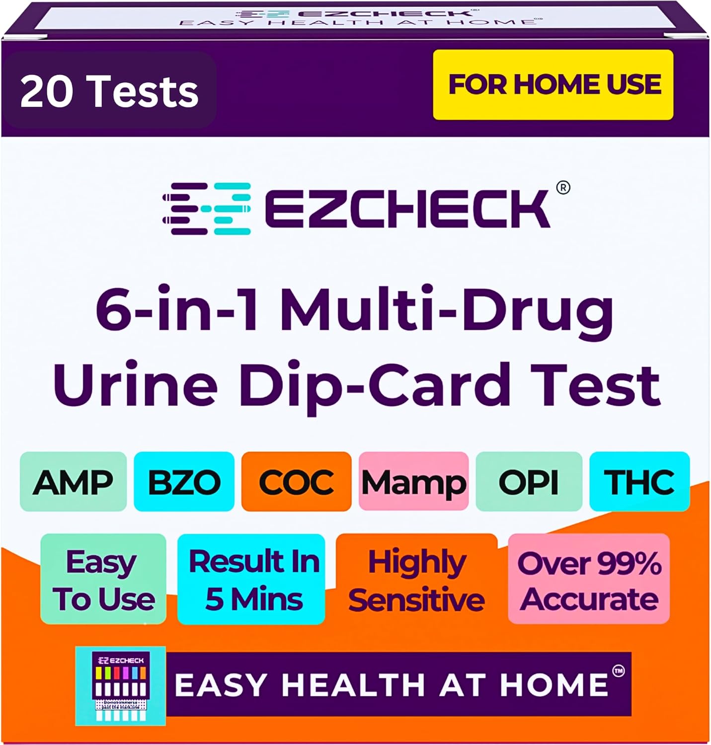 [20 Pack] EZCHECK® 6-Panel Drug Test - at-Home Rapid Urine Screening Kit for 6 Most Used Drugs: (THC-Marijuana, BZO-Benzos, MET-Meth, OPI/MOP-Opiates, AMP-Amphetamine, COC) - FSA/HSA Eligible
