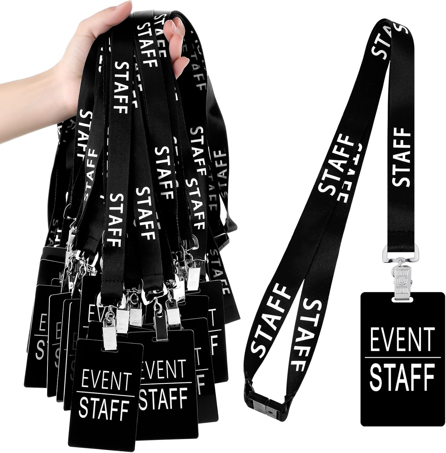 Qilery 50 Set Event Staff Lanyards with PVC Cards Lanyard Pass Staff Cards with Metal Swivel Hook for Concert Event Party Organizer Conference Party Office Supplies(Black)