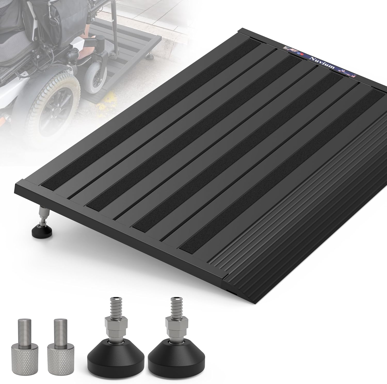 Threshold Ramp for Doorways, 1100lbs Load Capacity, Adjustable Height 2.8"-4.4" Aluminum Wheelchair Ramp with Heightening Screws and Swivel Angle Leg,22”Wide Curb Ramp for Trolley,Power Chairs