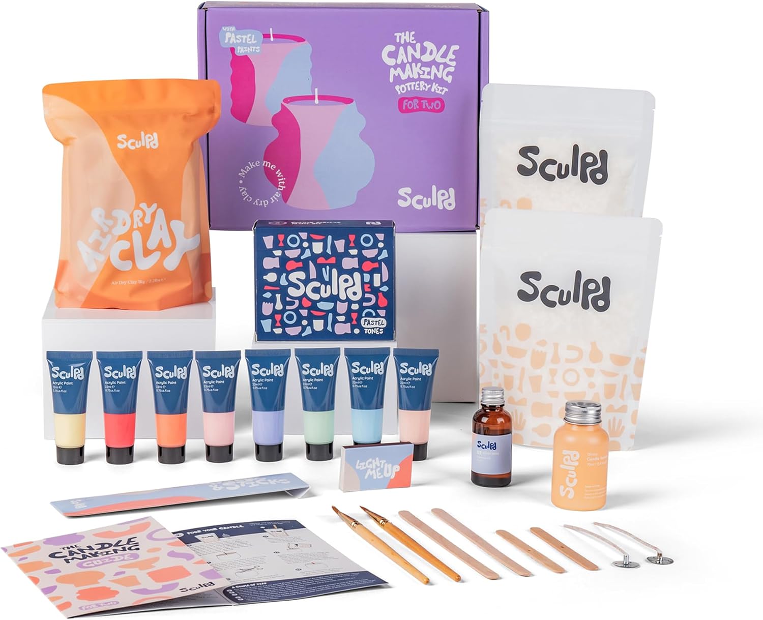 Sculpd Candle Making & Pottery Kit - Complete 2 Person Art Set: Includes Air Dry Clay, Soy Wax, Fragrance & Tools - DIY Arts Crafts Gift for Adults, Teens, Men & Women Candles Crafting (Peony Rose)