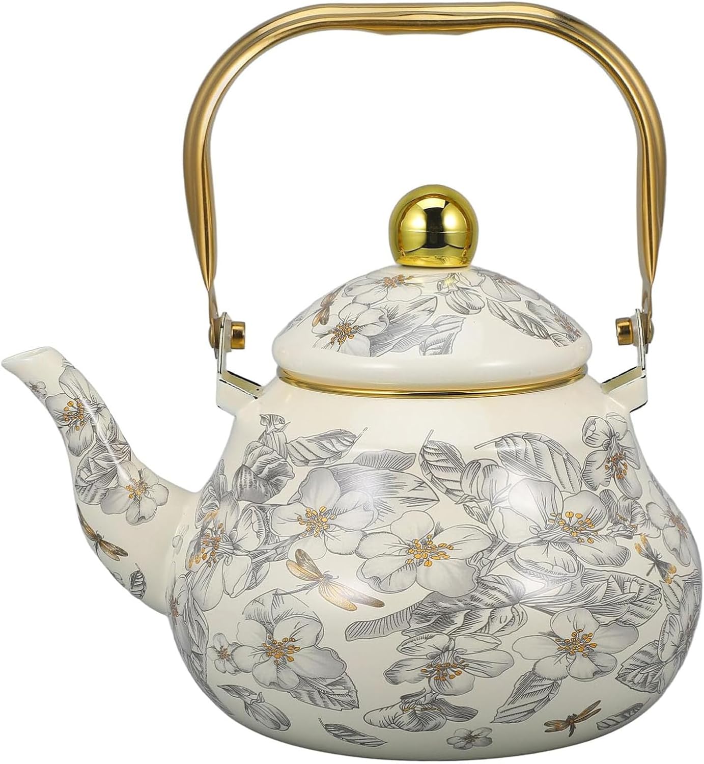 RSBFER Vintage Enamel Tea Kettle, Floral Design Steel Teapot Hot Water Boiling Pot for Induction, Gas Stove, Wood Burning,1.5L
