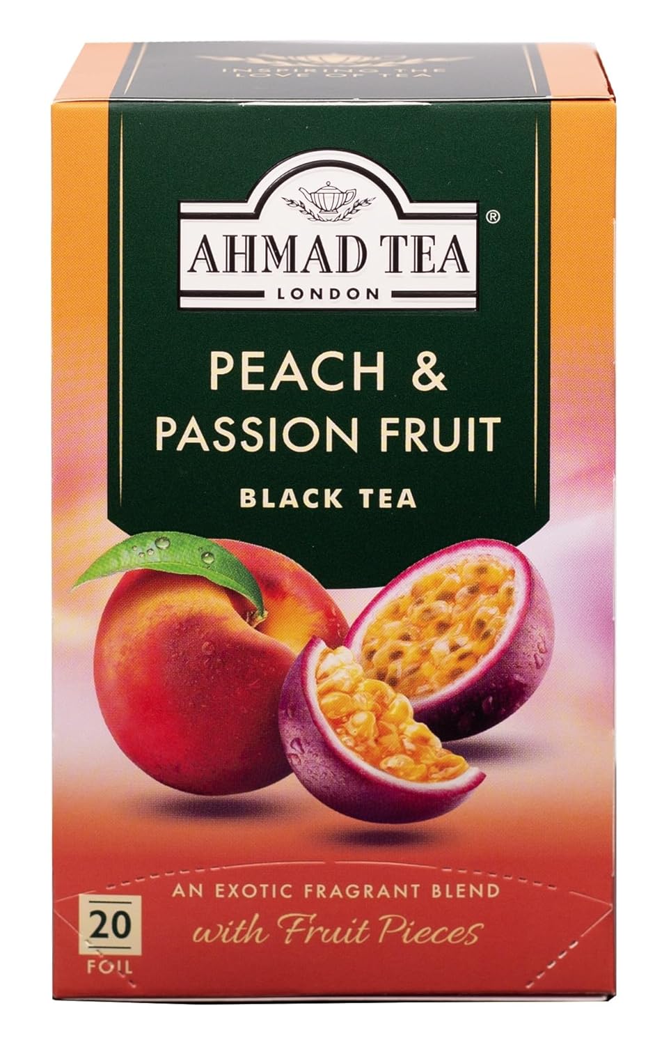 Ahmad Tea Black Tea, Peach & Passion Fruit Teabags, 20 ct (Pack of 1) - Caffeinated & Sugar-Free