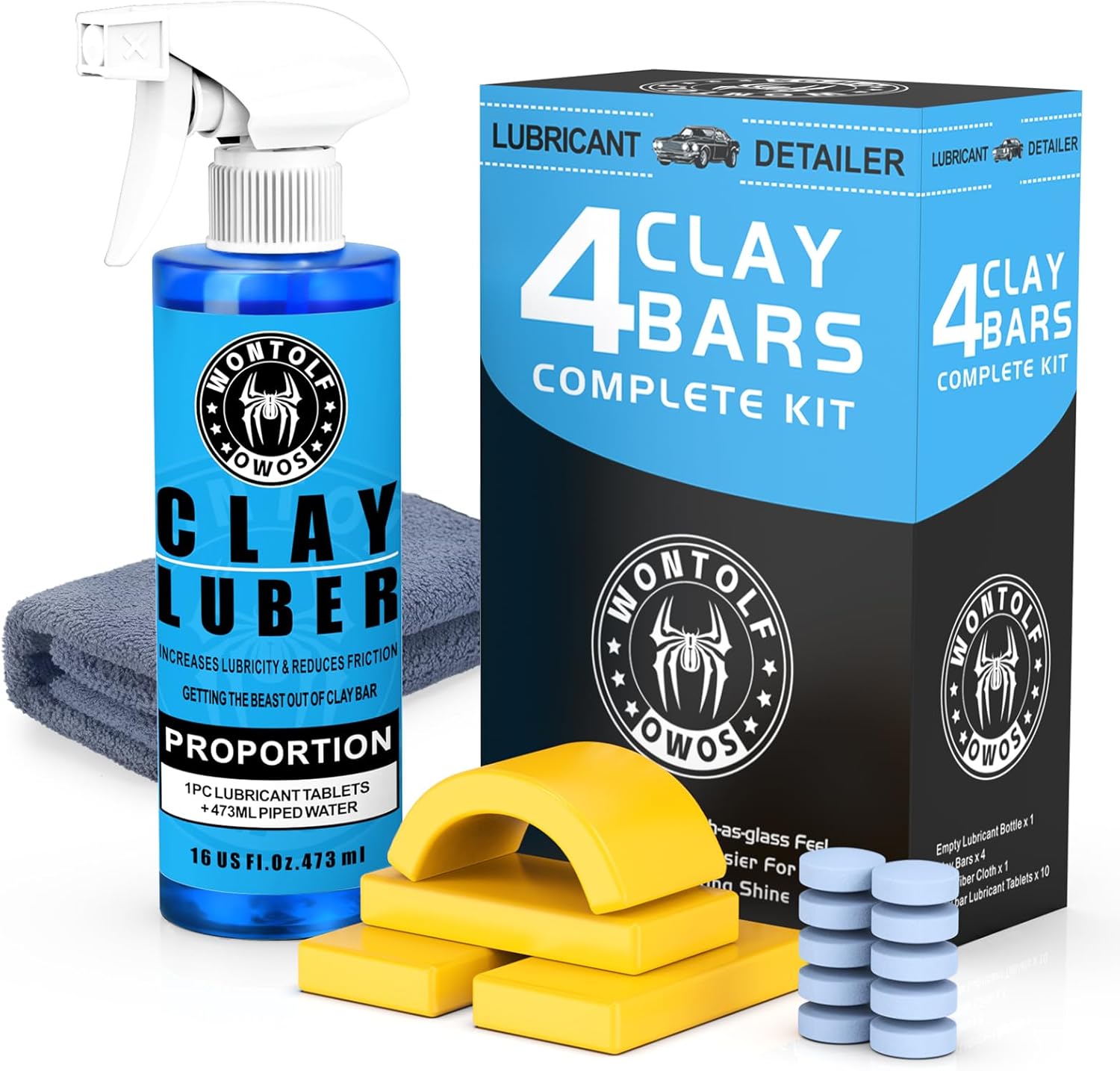 Car Clay Bars Auto Detailing and Clay Luber Synthetic Lubricant Kit, 4 Clay Bars, Clay bar Lubricant Tablets 10 Pack(1pc=16 fl oz), Spray Bottle and Microfiber Towel for Car Detailing Cleaning