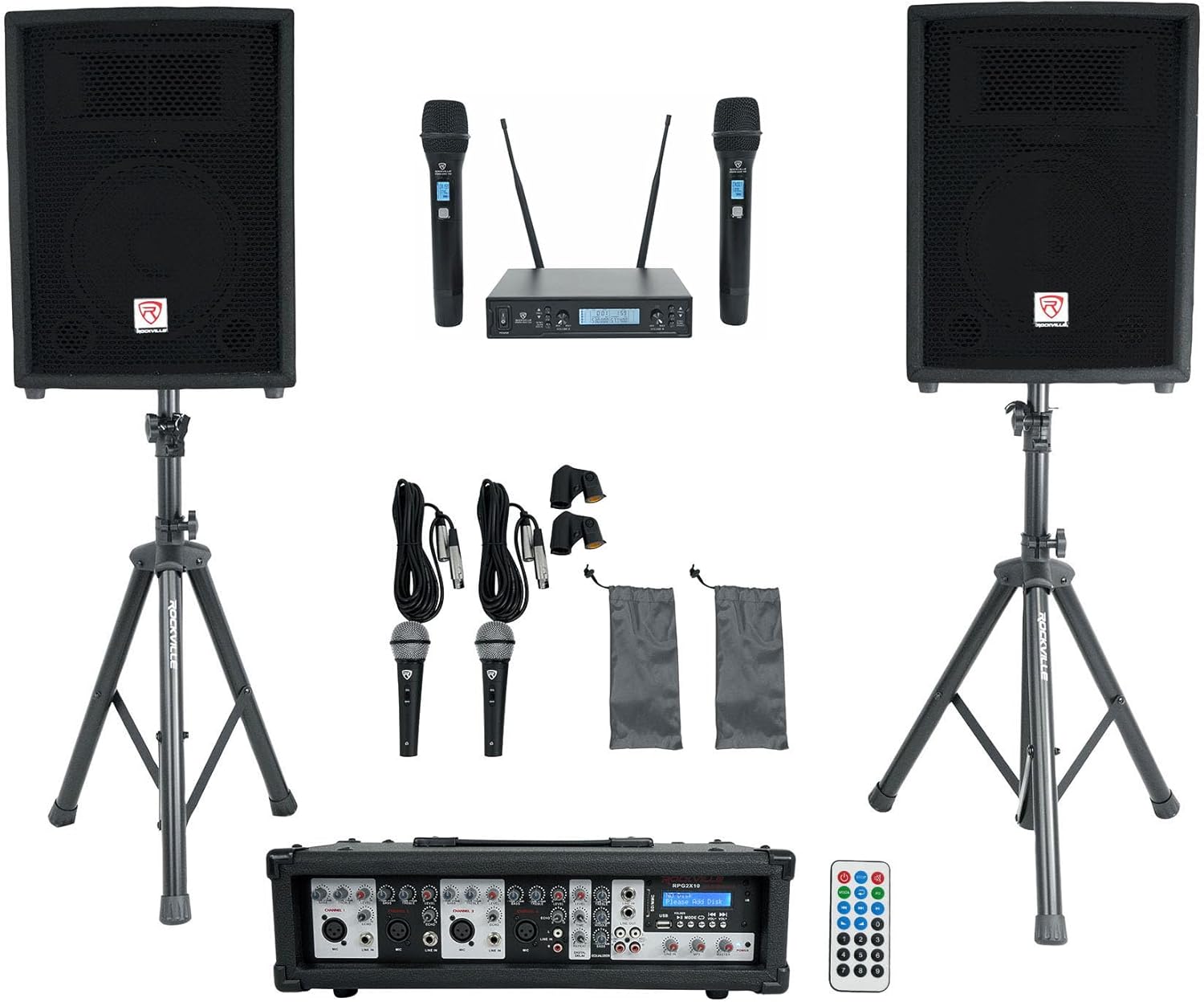 Rockville RPG2X10 Powered Bluetooth Mixer+(2) 10" Speakers+Stands+Wireless Mics