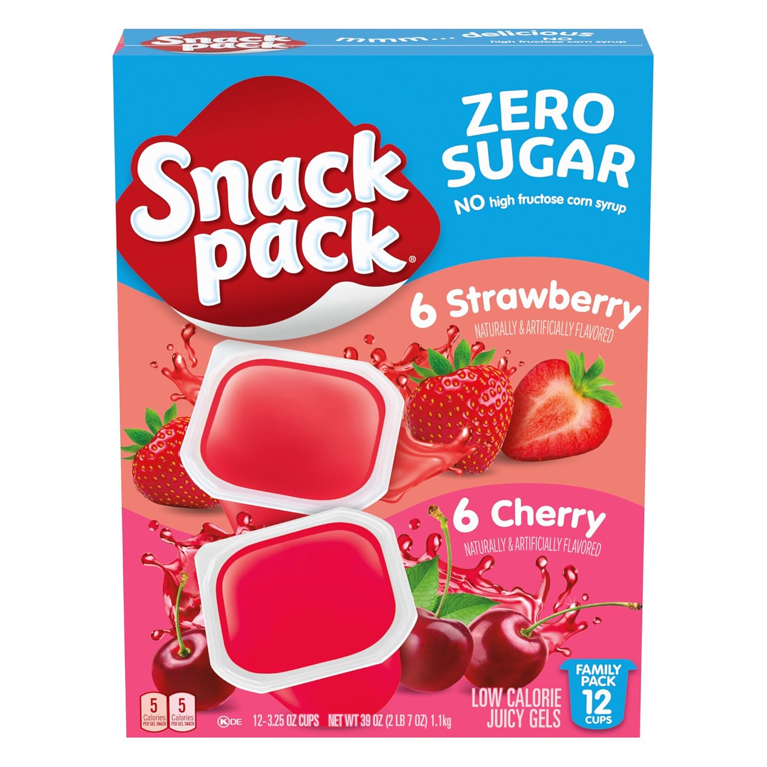 Snack Pack Sugar-Free Strawberry & Cherry Flavored Low Calorie Juicy Gels Family Pack, Lunchbox Snack, 3.25 oz 12 ct