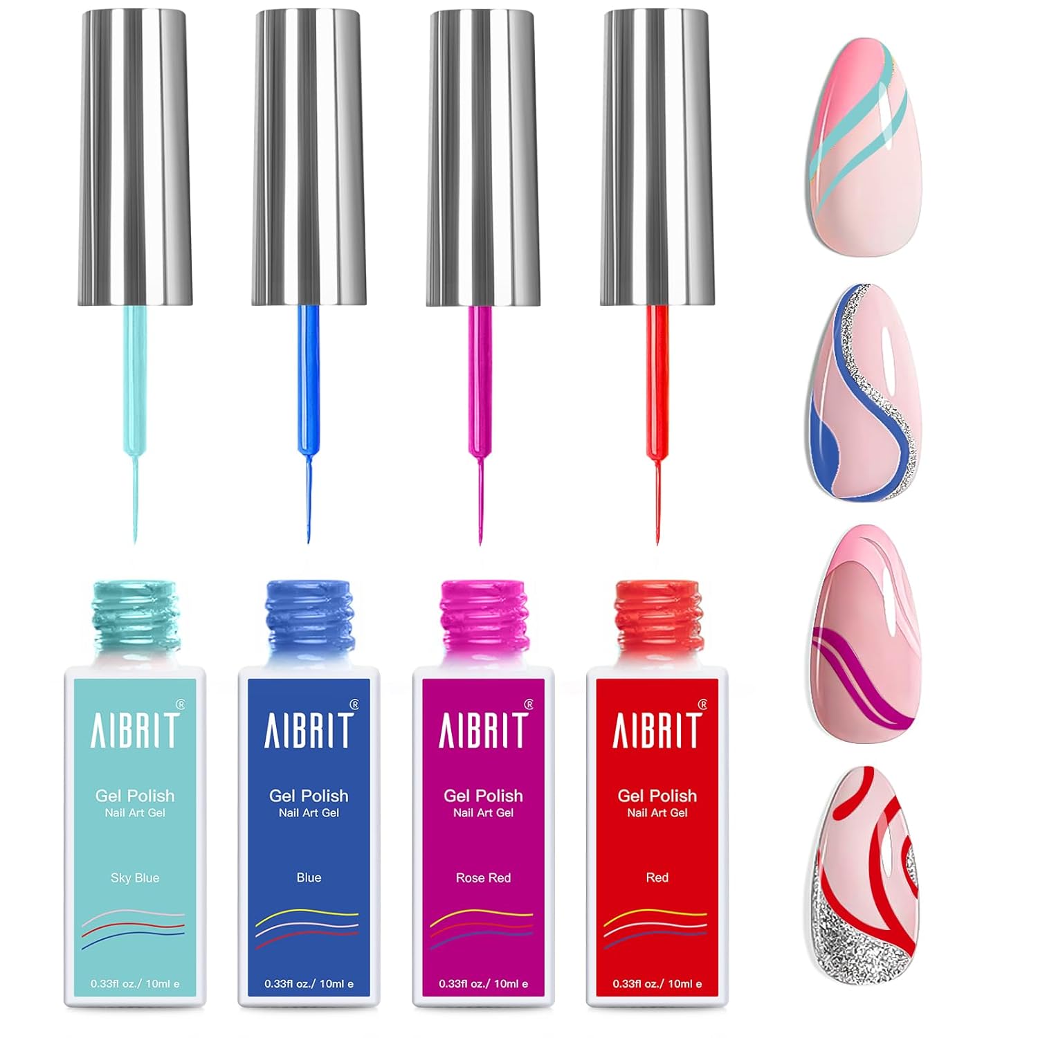 AIBRIT Gel Liner Art Polish Set 10ml, 4 Colors Red Blue Rose Red Sky Blue， Design Paint with Thin Brush in Bottle for Swirl/Euphoria French Tips Manicure Painting DIY at Home