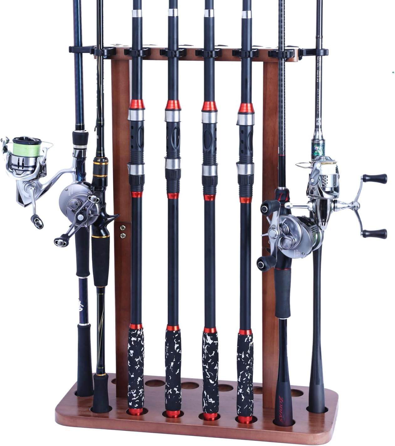 Fishing Rod Storage Racks, 100% Wood Floor Stand Fishing Pole Holders for Garage of 14 Rods or Combos