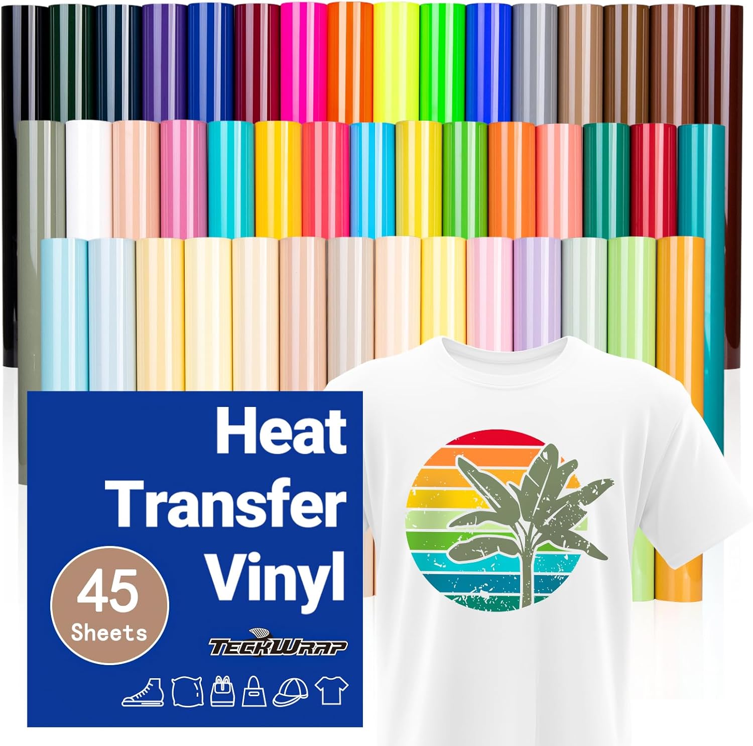 TECKWRAP HTV Vinyl Bundle Heat Transfer Vinyl 12"x10" - Includes 45 Sheets Assorted Colors Iron on Vinyl Pack, Heat Press Design for DIY T-Shirts and Other Fabrics
