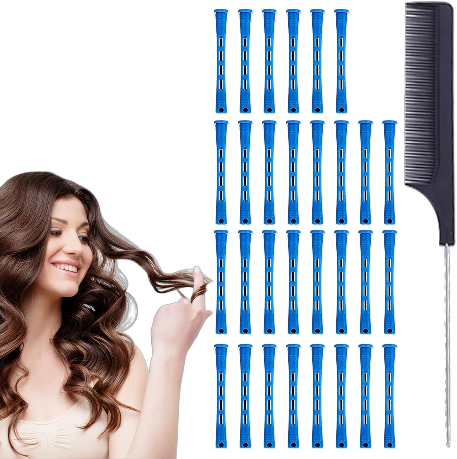 30 Pcs Blue Plastic Hair Curlers - Small Size Perm Rods Kit for Long Short Hair, Salon & Home Use