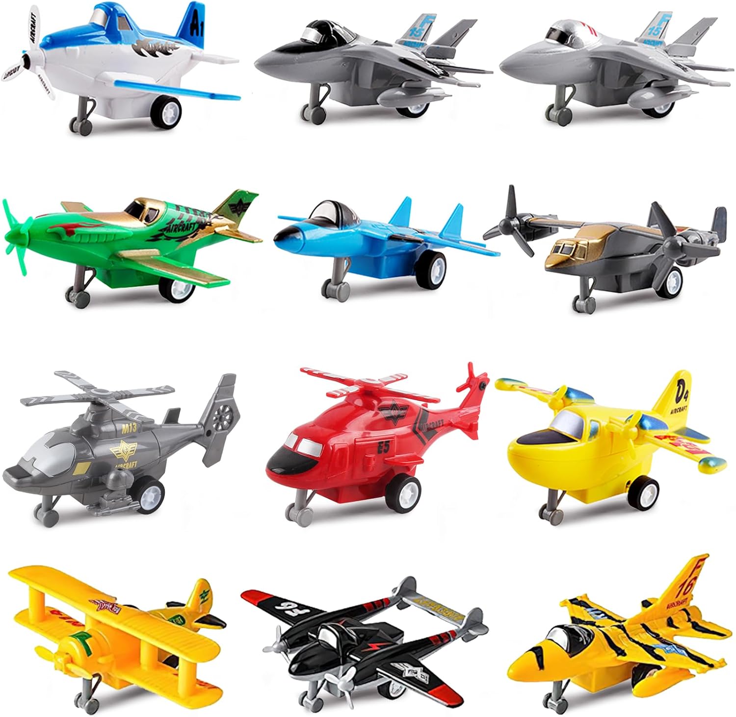 deAO Set of 12 Pull Back Airplanes Vehicle Playset Variety Pack of Helicopters, Stealth Bombers, Fighter Jets, Aircraft, Planes