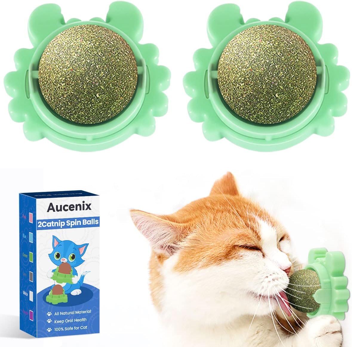 Aucenix Catnip Balls Toy for Cat, Wall Catnip Roller for Cat Licking, Teeth Cleaning Dental Edible Kitten Toy, Natural Rotating Cat Toy (Green-2pcs)