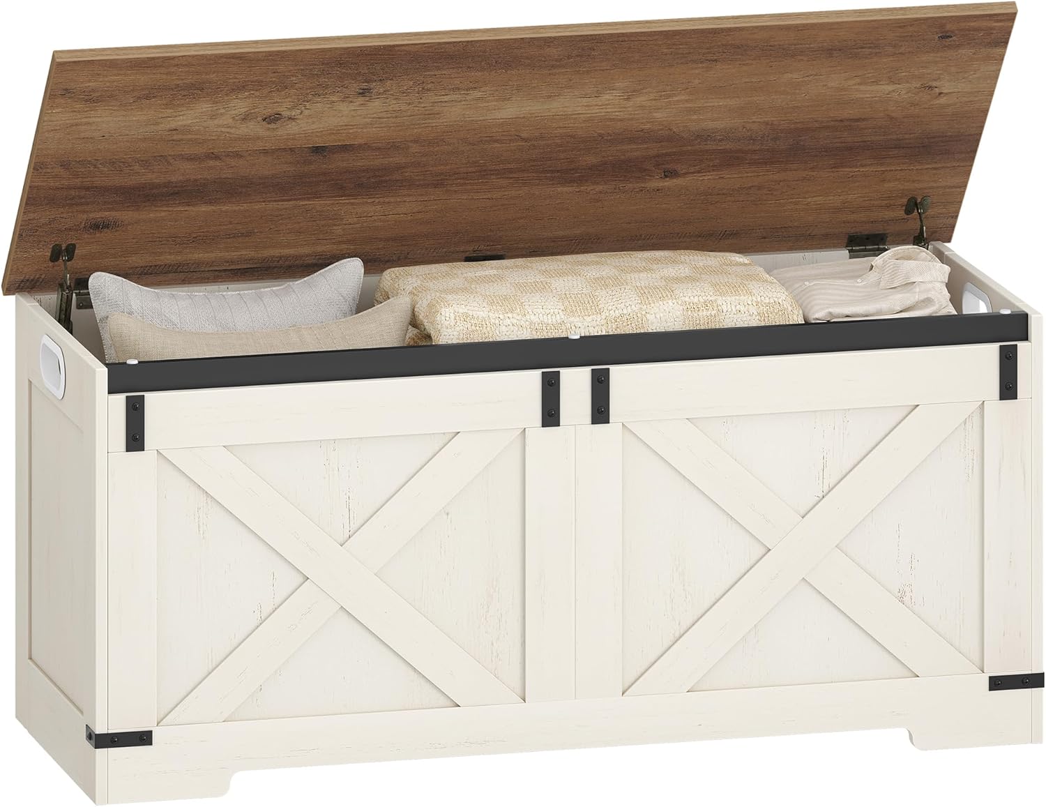 Hzuaneri Storage Chest, Farmhouse Shoe Storage Bench with 2 Secure Hinge, Lift-Top Storages Bench, Bed End Stool, Wooden Storages Organizer 40 x 109 x 48.5 cm, for Bedroom White and Brown SB10914X