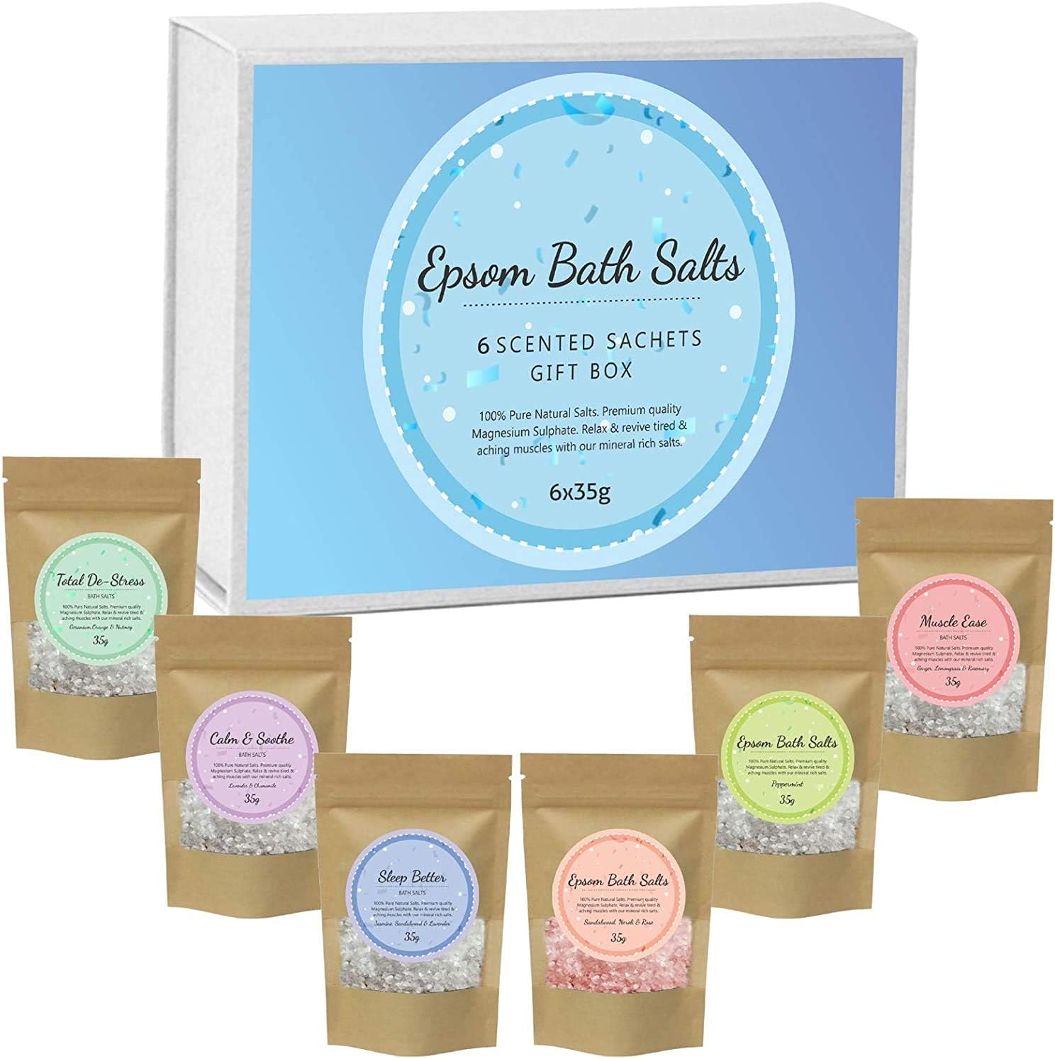 Bath Body Spa Scented Pure Epsom Salts Box Hamper | Magnesium Sulphate Bath Salt | 6x35G Variety Gift Hamper Box Pack by PSN | Ideal for Relieving Sore Muscles | Reduces Inflammation