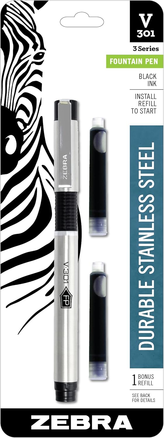 Zebra Pen V-301 Fountain Pen, Stainless-Steel Barrel, Fine Point, 0.7mm, Black Ink, 1-Pack with Refill (48111)