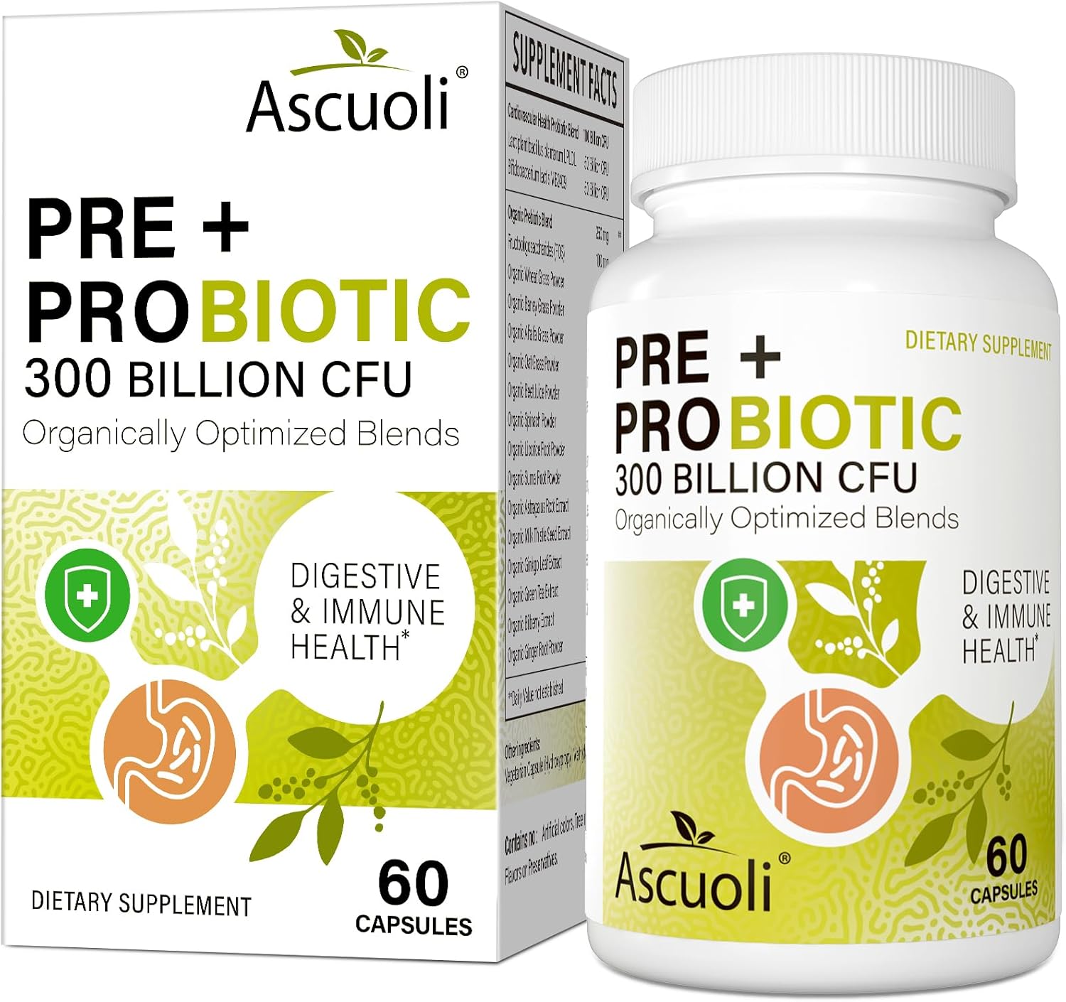 Ascuoli Probiotics for Women & Men - 300 Billion CFU, 22 Strains Probiotics + 15 Organic Herbs Blend, Daily Probiotics for Digestive Health, Immune, Gut, Bloating - 60 Capsule