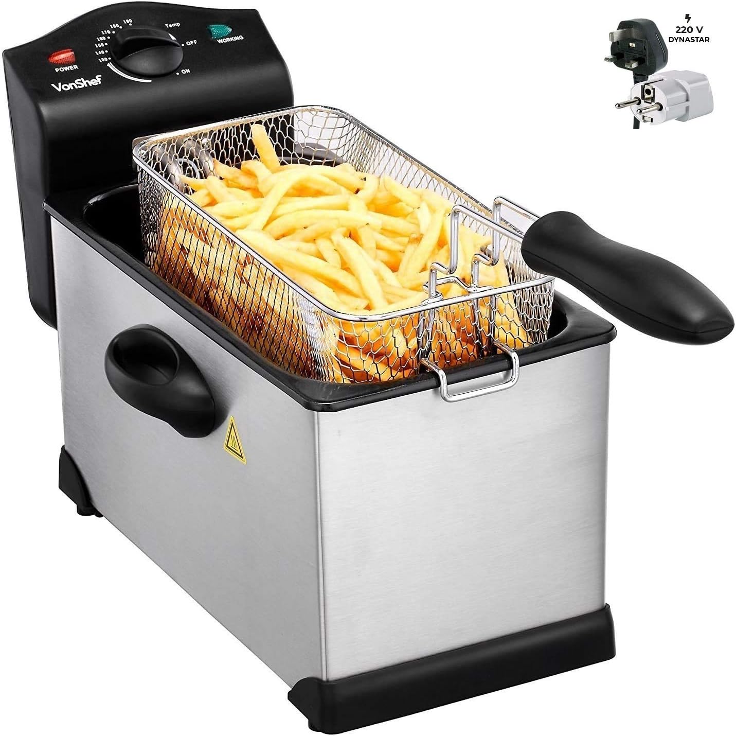 New VonShef 220 240 Volts Electric Countertop Non-Stick Deep Fryer w/ Viewing Window | 3-Liter Stainless Steel And Easy To Clean | Bundled With Dynastar Plug Adapter