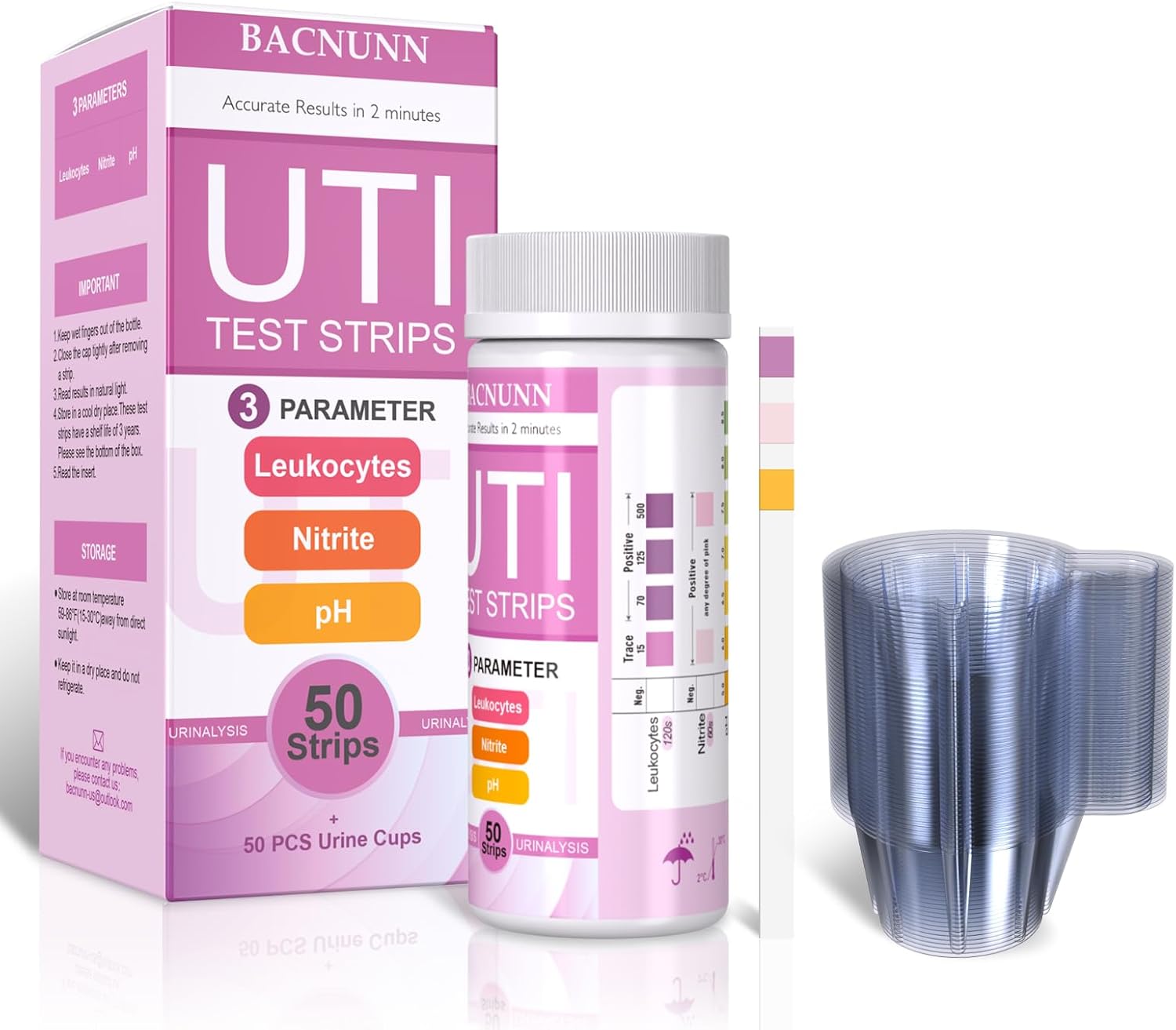 UTI Test Strips for Women: 50ct 3-1 Urinary Tract Infection Treatments Test Strips for UTI & Bladder, Accurate Readings at Home, Urine Dipstick Kit for Urinalysis 50 Strips + 50 Cups