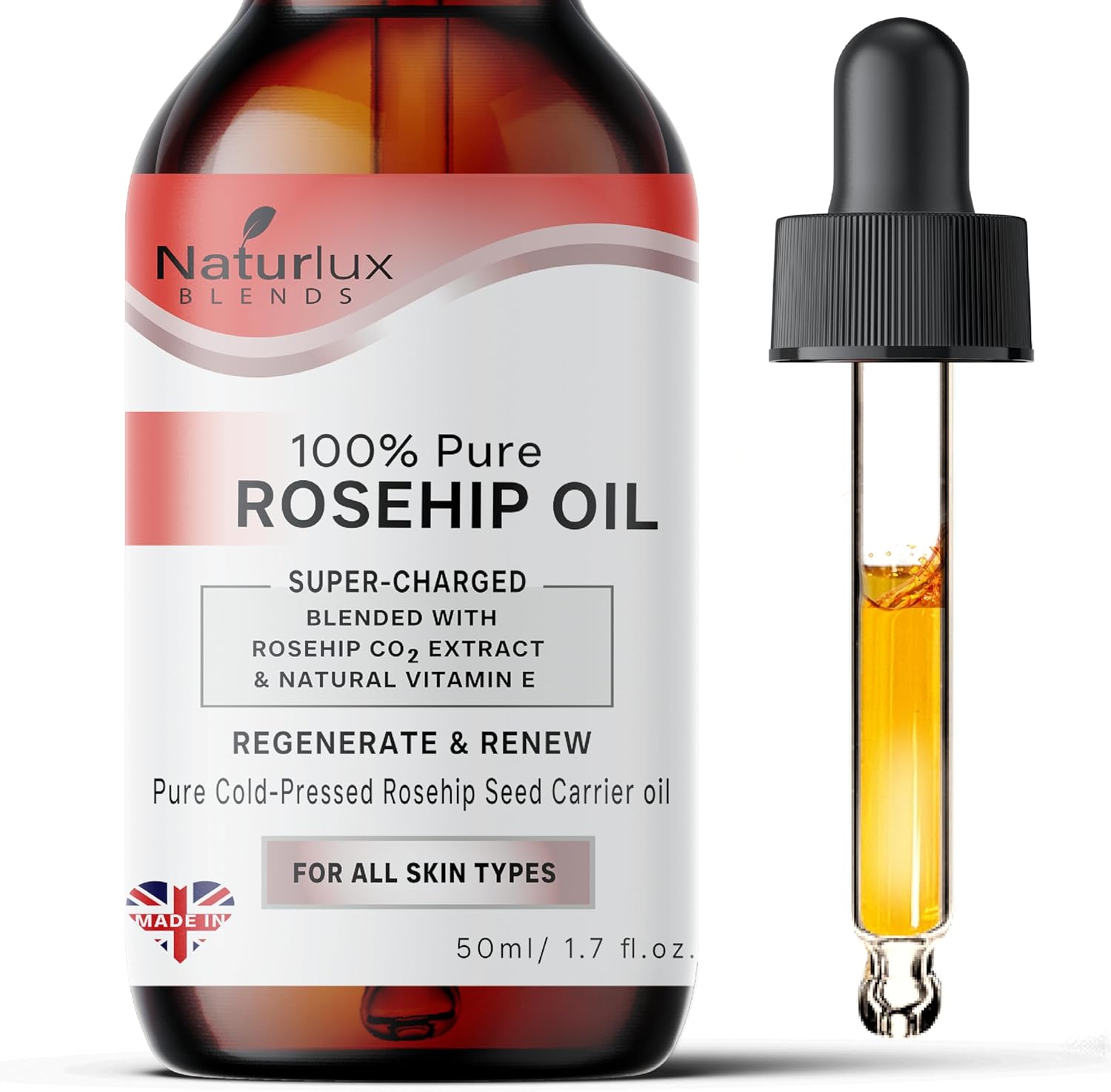 Organic Rosehip Oil For Face | 100% Pure & Natural 50 ML | Cold-Pressed Rosehip Seed Oil With 5% Rosehip C02 Extract & Vitamin E | Concentrated Blend 50 ML