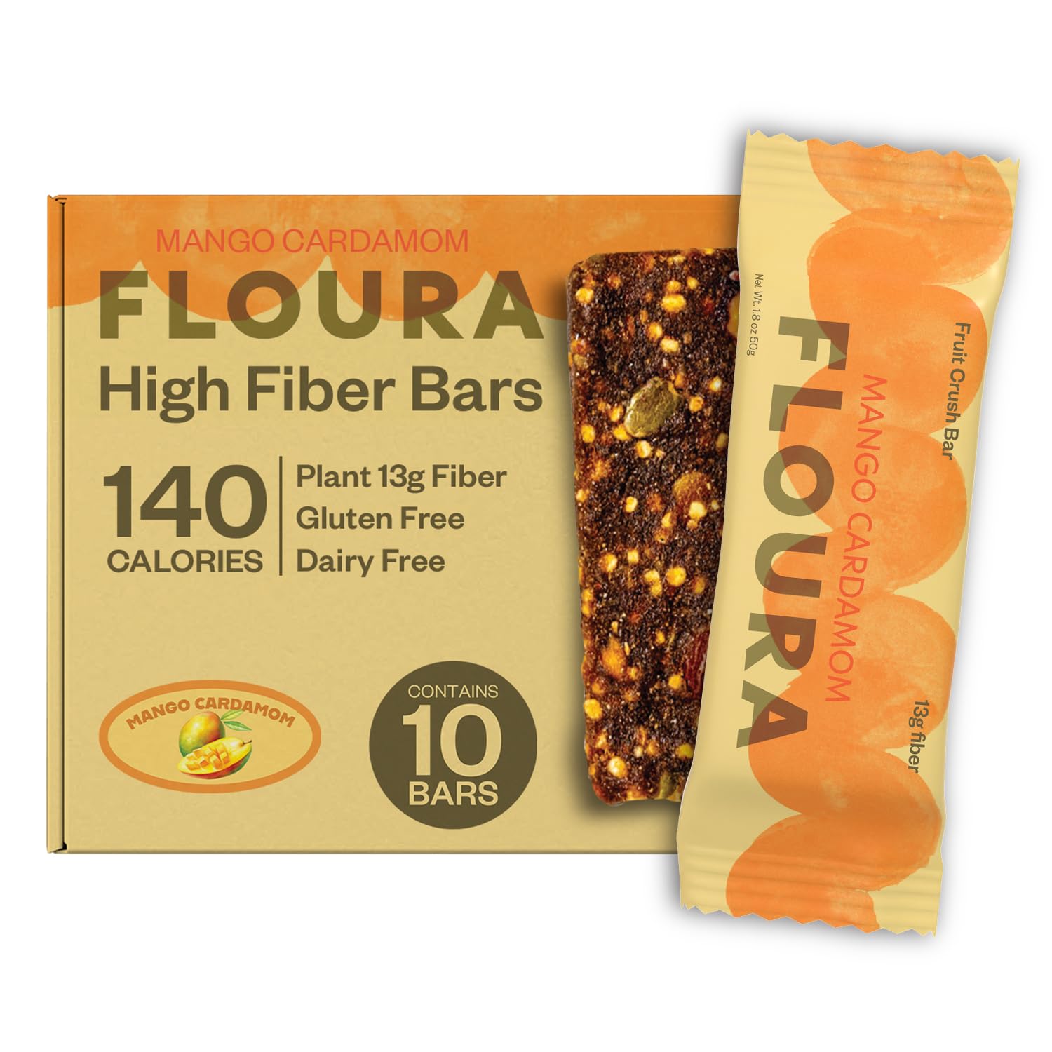 Floura Mango Cardamom Fruit-Forward Fiber Bars– High Fiber, Vegan, Gluten & Dairy Free, Low Calorie Healthy Snack Bars with Upcycled Produce for Gut Health [10 Pack]