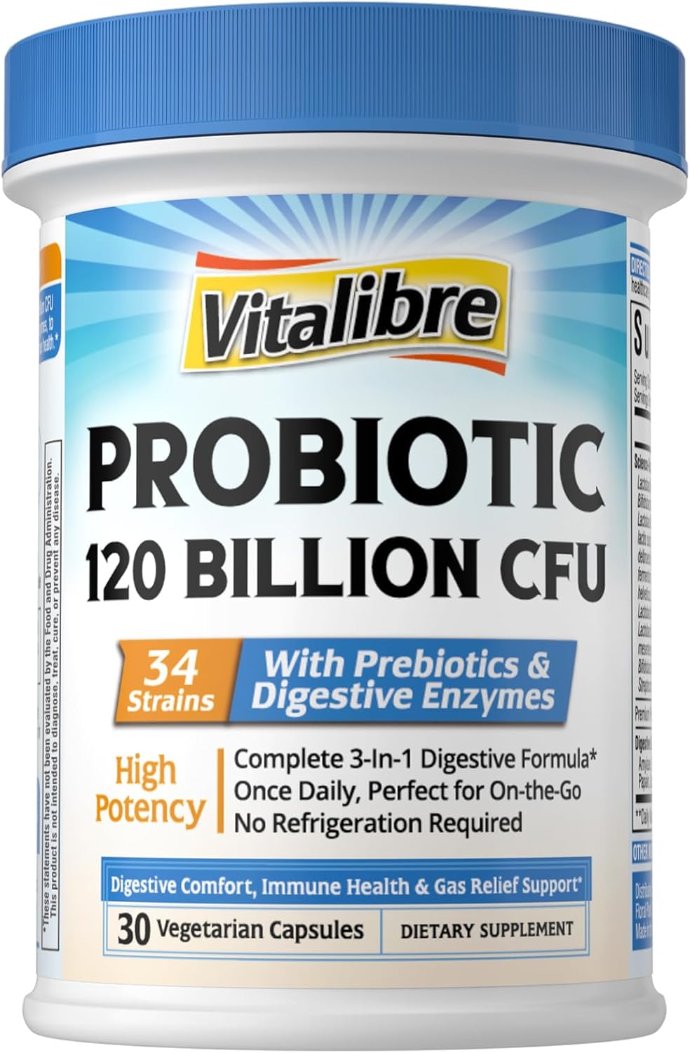 Probiotics for Women and Men, 120 Billion CFU 34 Strains, with Digestive Enzymes & Prebiotics, No Gluten, Gut Health, Digestive Health, Bloat Relief, 30 Vegetarian Capsules