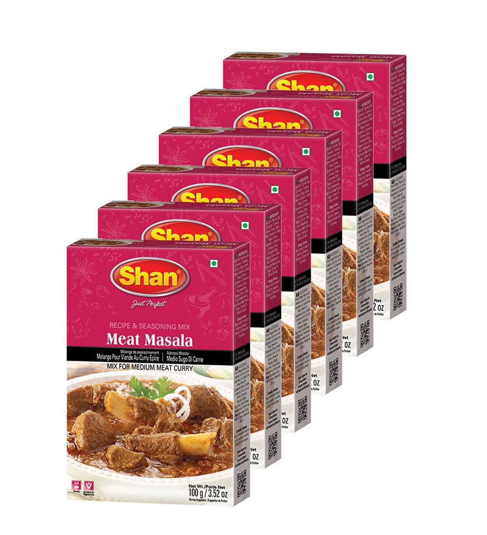 Shan - Meat Masala Seasoning Mix (100g) - Spice Packets for Medium Meat Curry (Pack of 6)