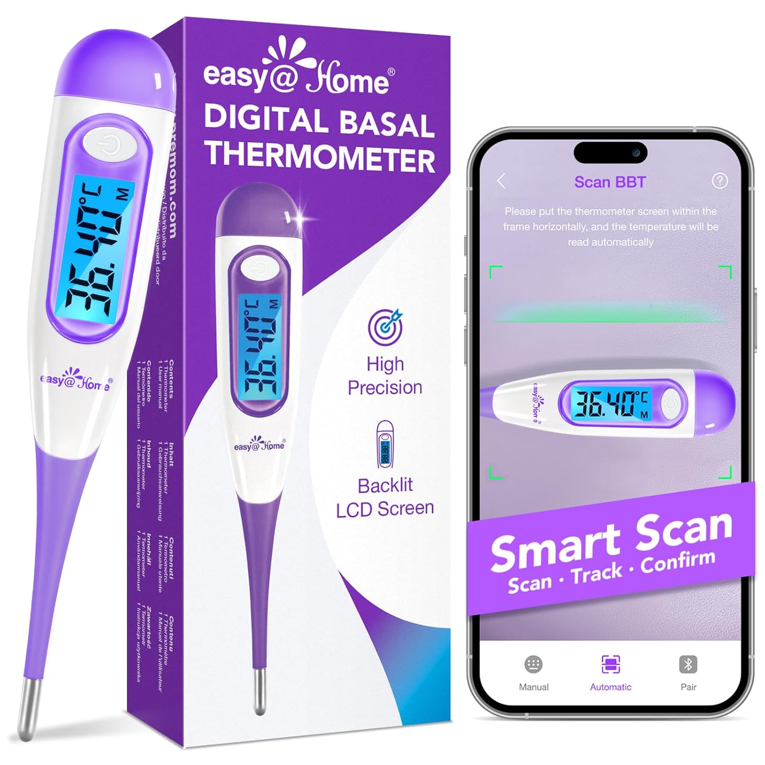 Digital Basal Thermometer Ovulation with Backlight LCD Display, Premom APP(NOT Bluetooth), 1/100th Degree High Precision, Memory Recall, Ovulation Tracking, Charting & Natural Family Planning, Purple