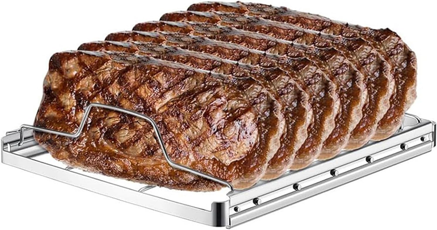 Rib Rack for Smoking and Grilling, Holds up to 3 Full Racks of Ribs, Stainless Steel Foldable Roasting Rack for Roast Chicken, Leg of Lamb, Forerib of Beef.