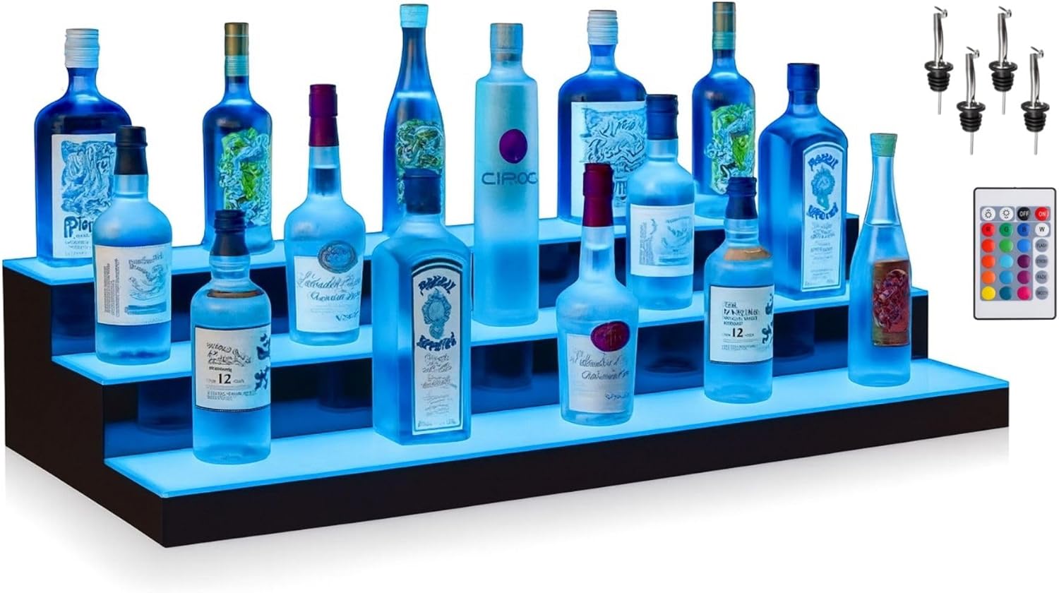 Boss Premium® BarUSA™ LED Lighted Bar Shelf Display Liquor Bottle Alcohol Whiskey Shelves Rack Stand Tray Units for Home Bar Living Room Accessories and Decor - Designed in USA (3-Step, 28 Inch)