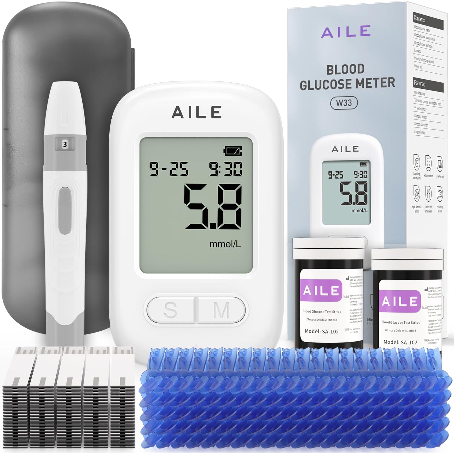 AILE Blood Glucose Test Kit for Diabetes: 100 Glucometer Strips, 100 Lancets, 1 Meter for Home Use Portable Blood Sugar Monitor Testing Kits Diabetics Meter - UK Glucometer (W33)