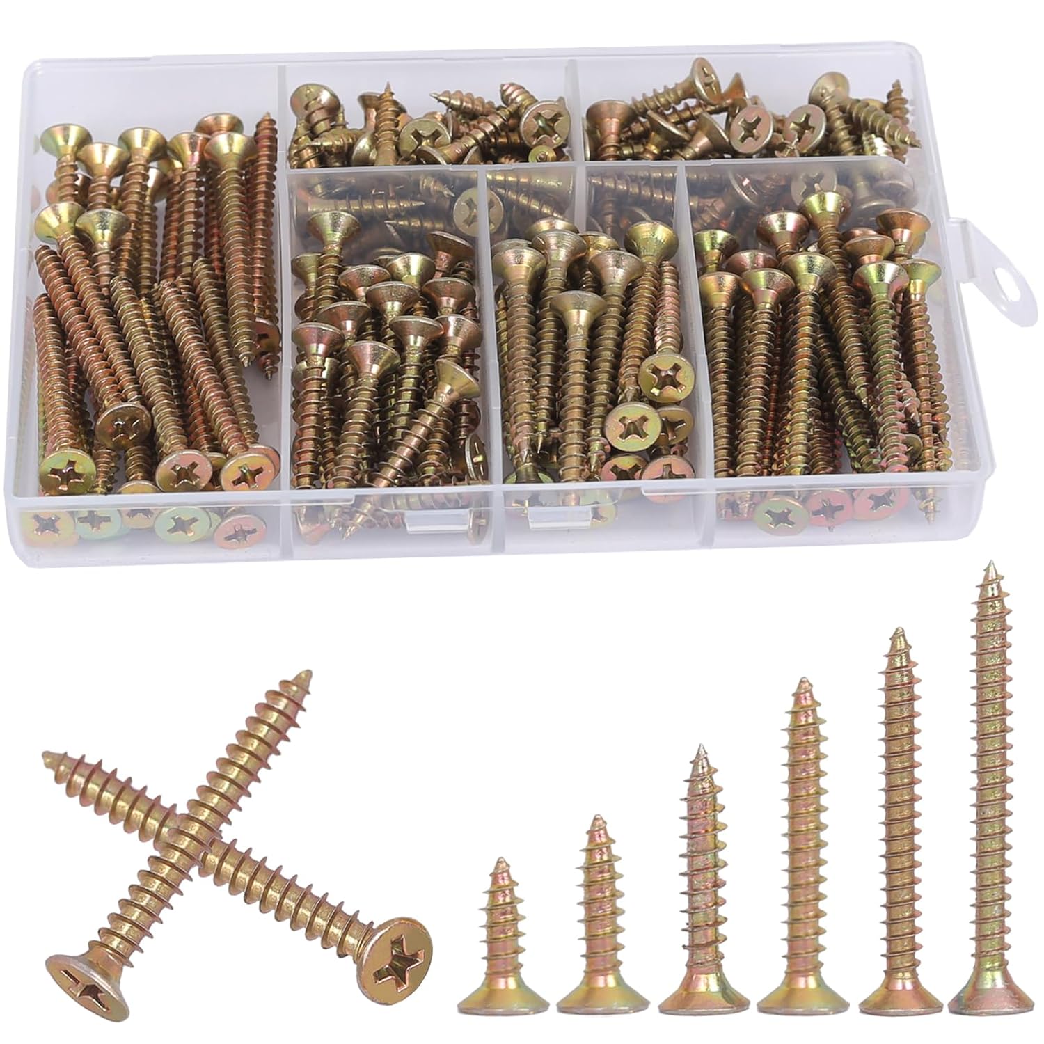 AMLOOPH M3.5 Wood Screws Assortment, 190pcs Self Tapping Screws For Wood Decking 16/20/25/30/35/40mm Small Assorted Zinc Plated Drywall Concrete Screw Set Mixed, With Plastic Box