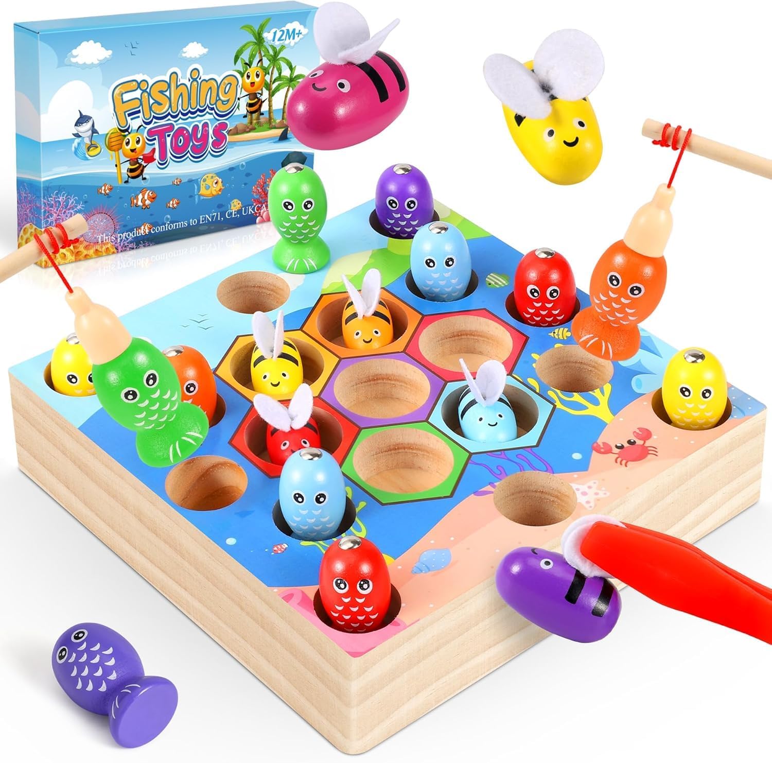 Sotor Wooden Toys Magnetic Fishing Game Toys for 2 3 4 Years Old，2-in-1 Bee Sorting toys Color Matching Montessori Motor Skills Educational Toddler Gifts for Kids
