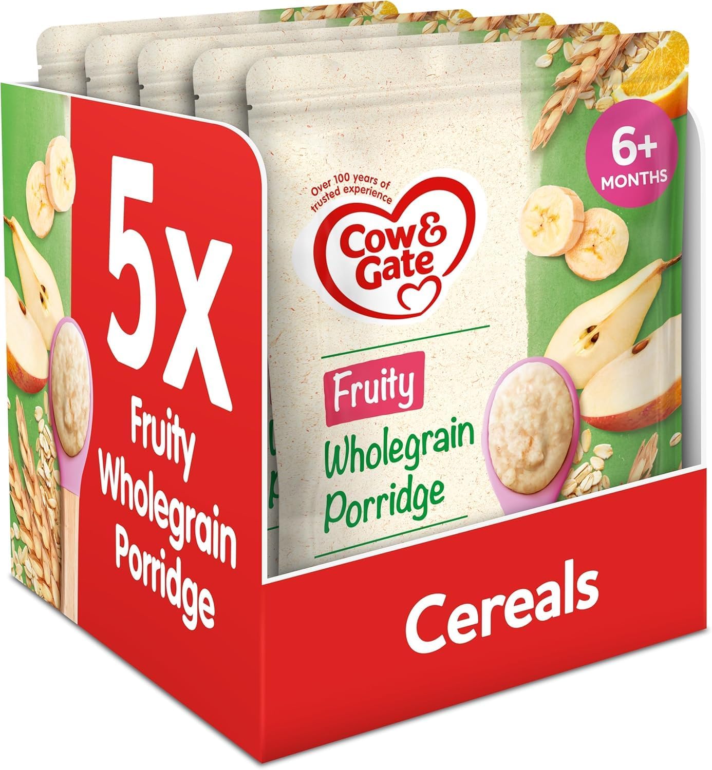 Cow & Gate Fruity Wholegrain Porridge Baby Food Cereal, 6+ Months, 5x125g